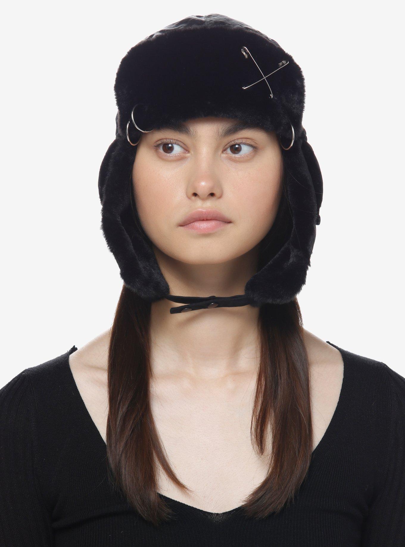Black Pierced Faux Fur Aviator Hat, , alternate