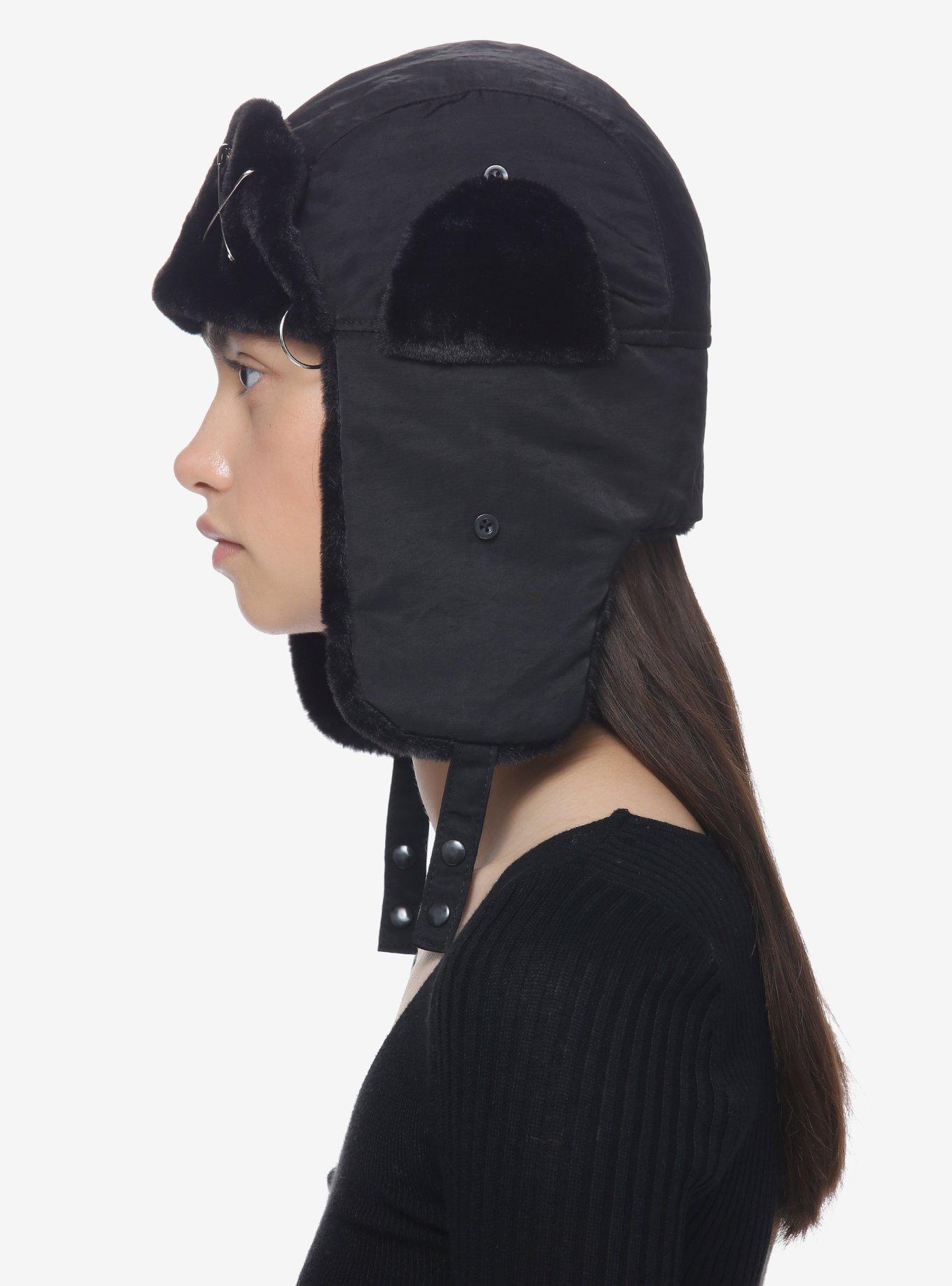 Black Pierced Faux Fur Aviator Hat, , alternate