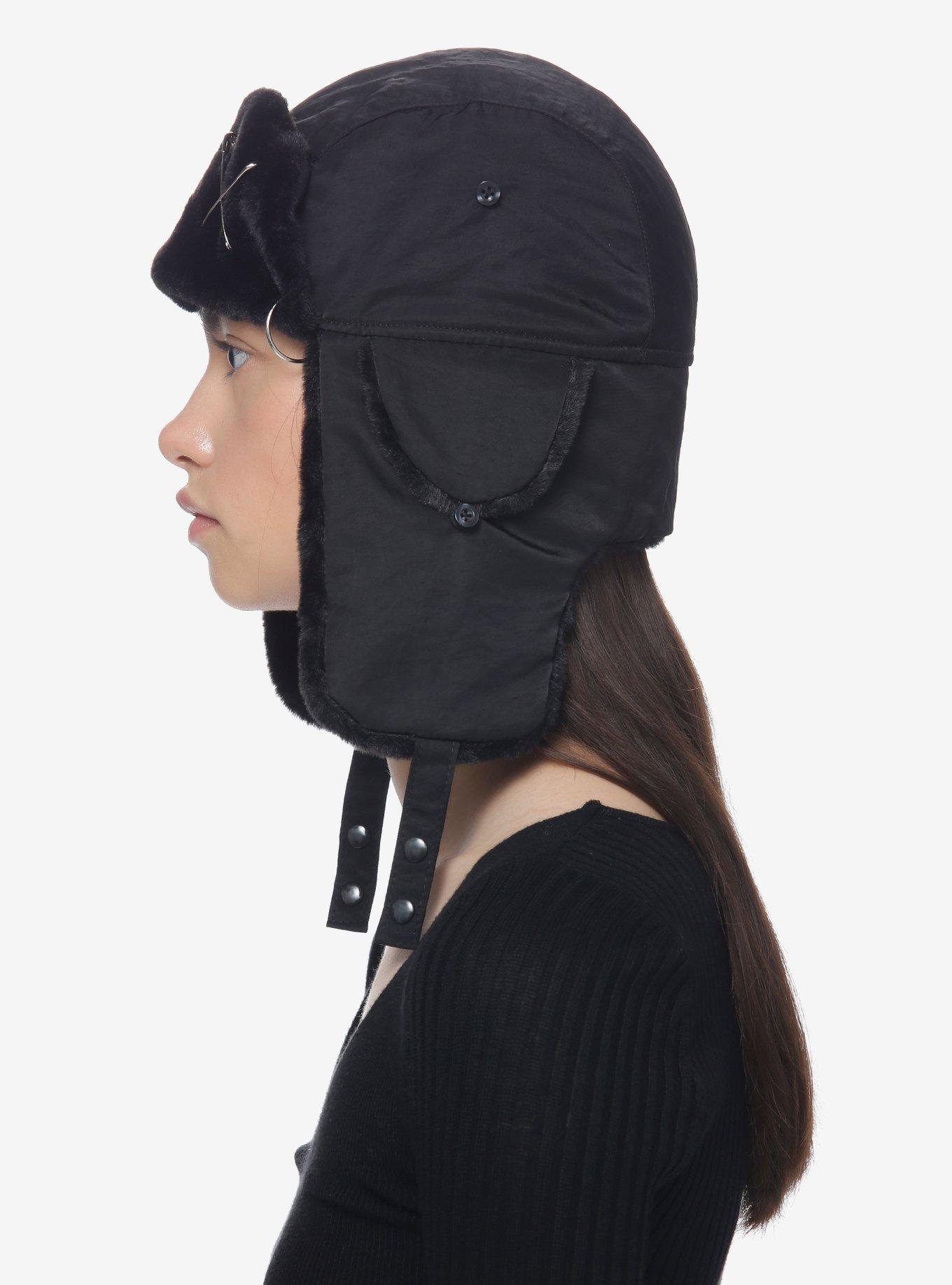 Black Pierced Faux Fur Aviator Hat, , alternate