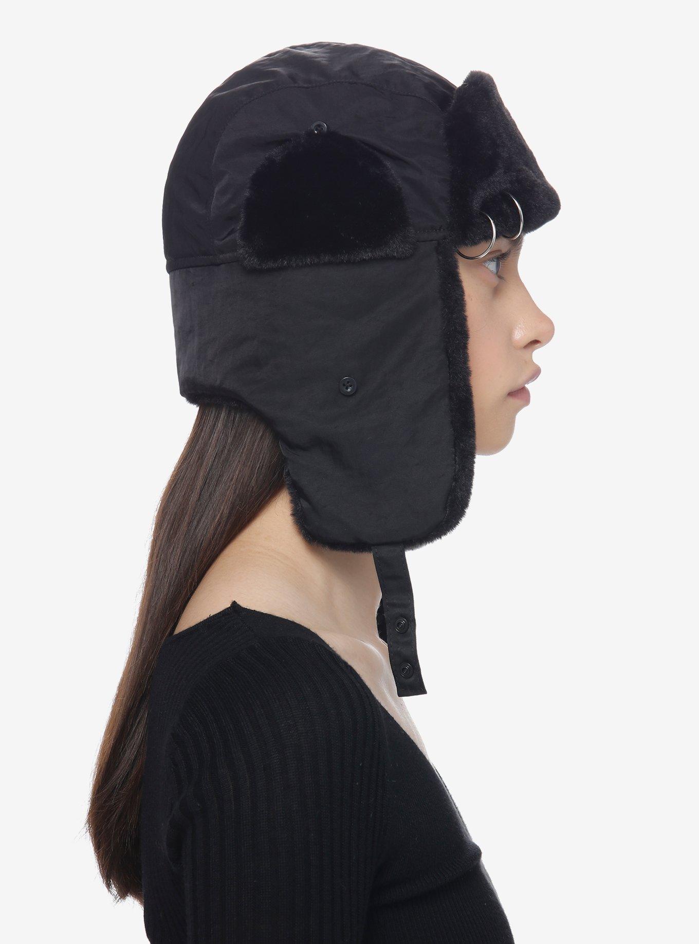 Black Pierced Faux Fur Aviator Hat, , alternate