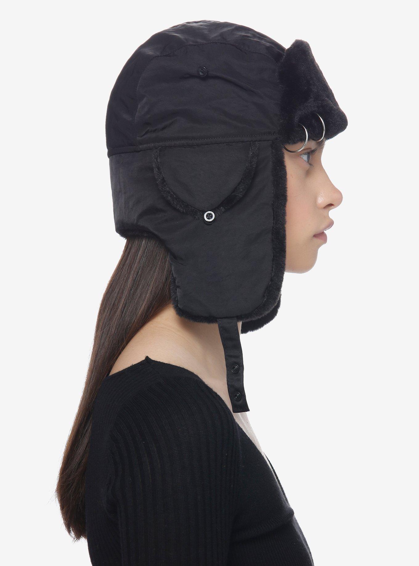 Black Pierced Faux Fur Aviator Hat, , alternate