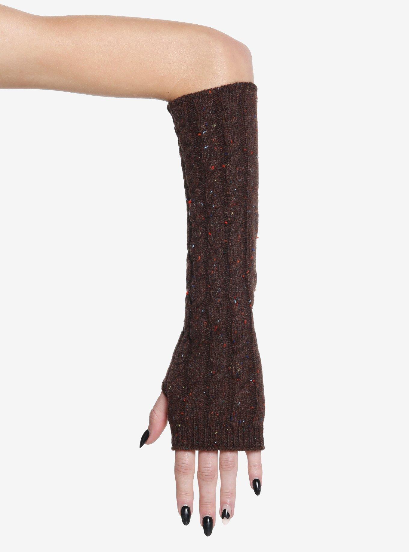 Brown Speckled Cable Knit Arm Warmers, , alternate