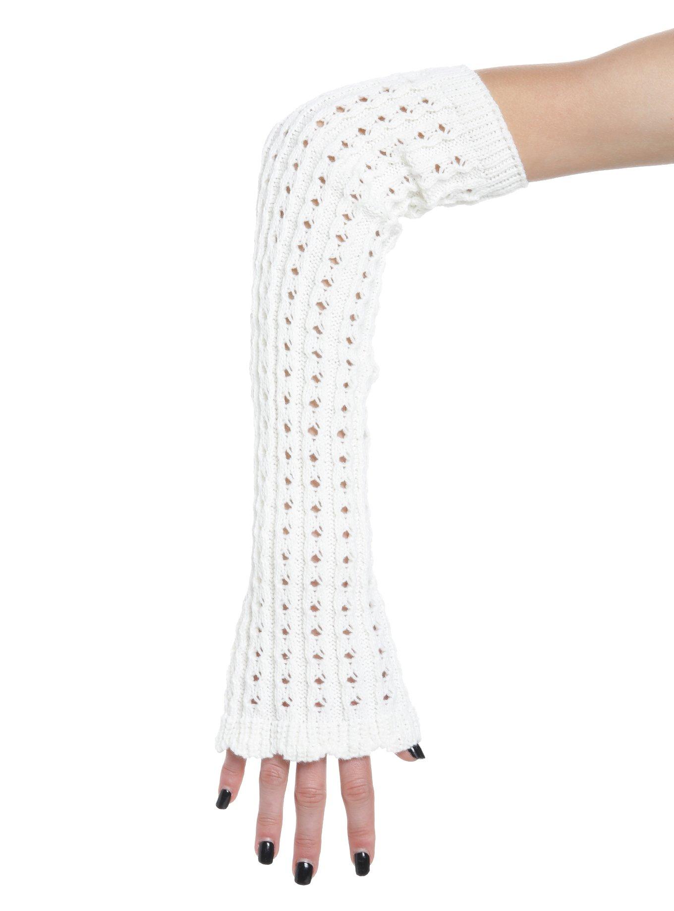 Cream Waffle Knit Ruffle Trim Arm Warmers, , alternate