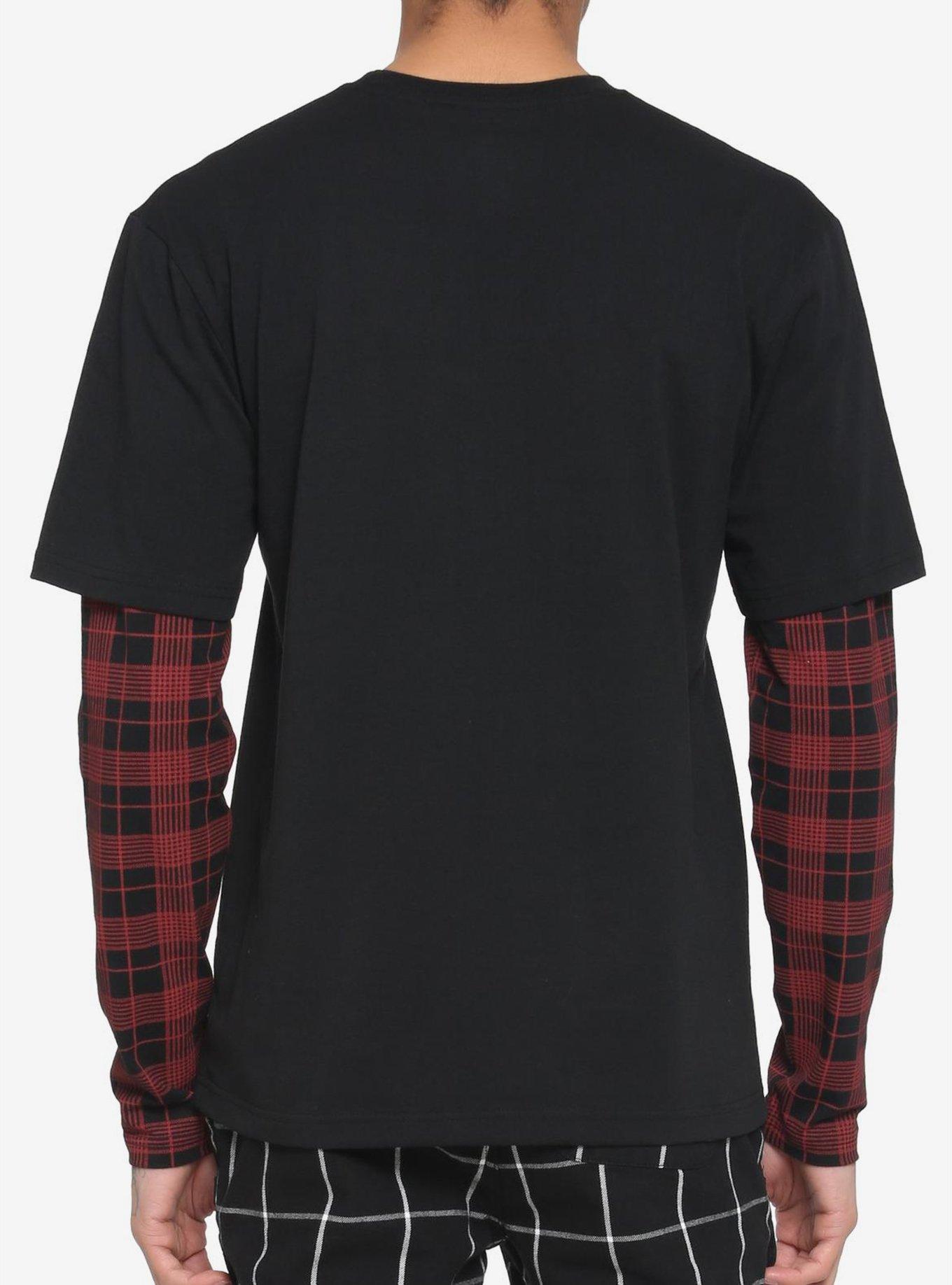 Black & Red Plaid Sleeve Twofer Long-Sleeve T-Shirt, BLACK  RED, alternate