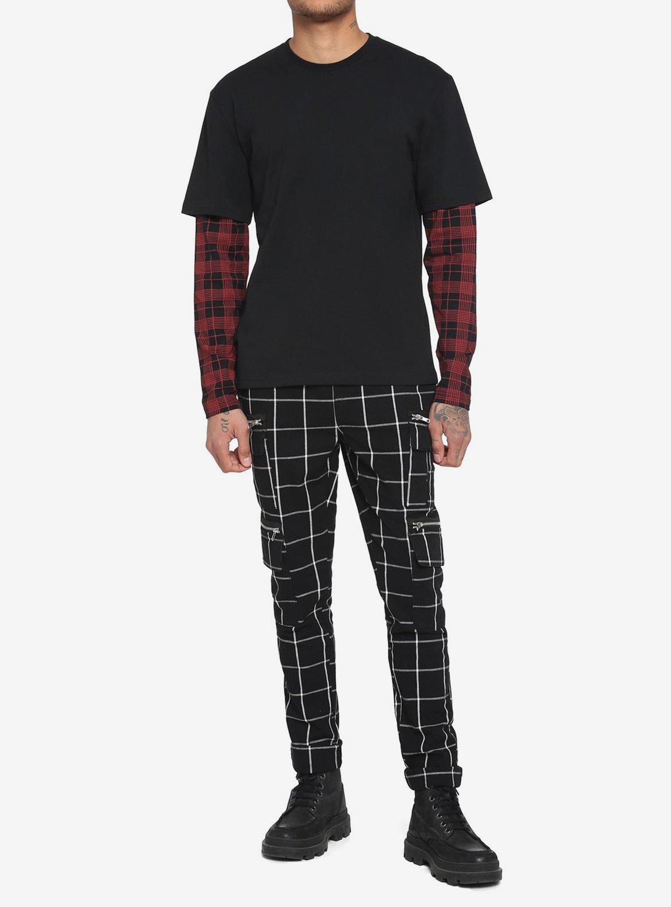 Black & Red Plaid Sleeve Twofer Long-Sleeve T-Shirt, BLACK  RED, alternate