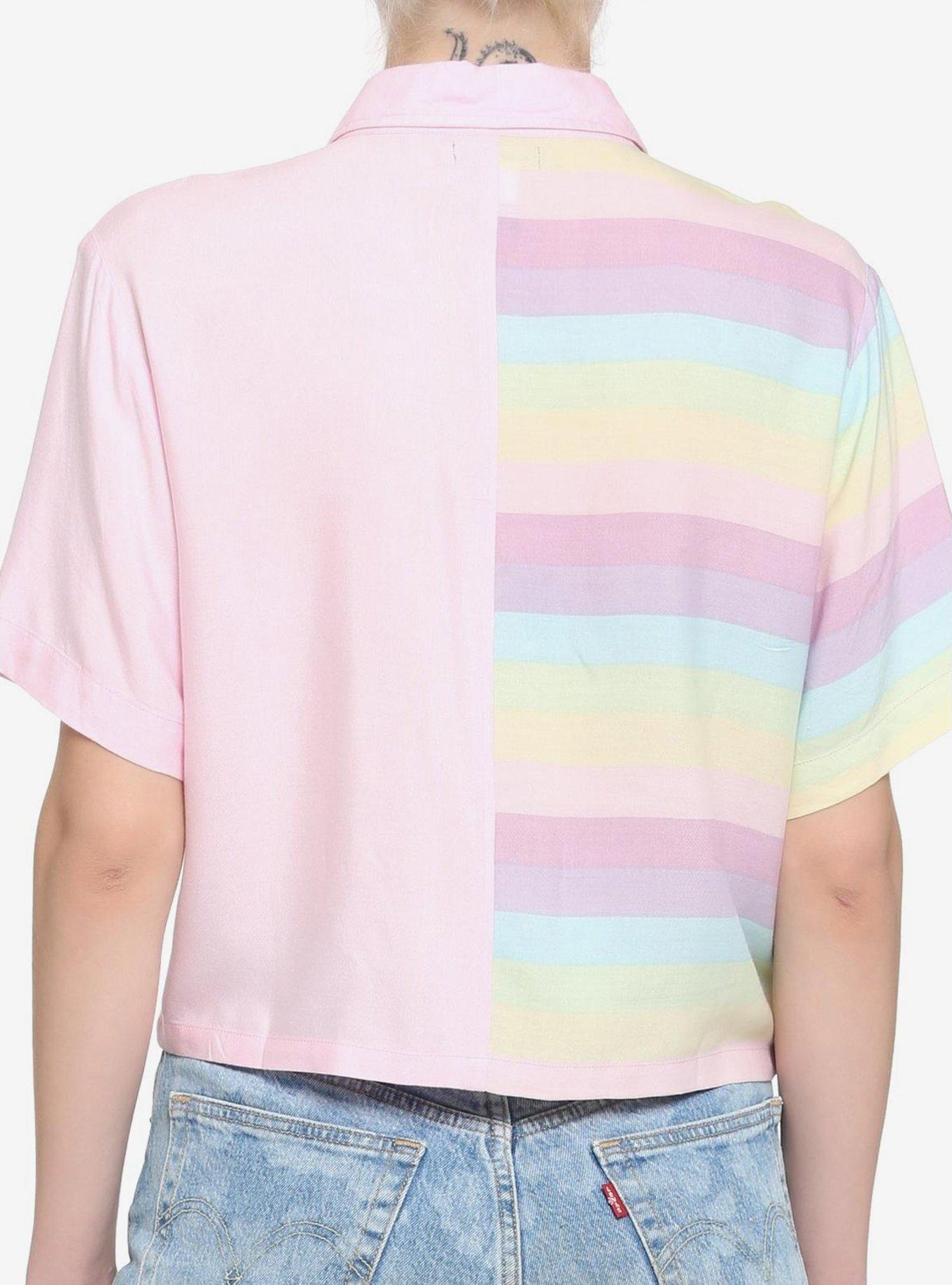 Pastel Stripe Split Boxy Girls Crop Woven Button-Up, , hi-res