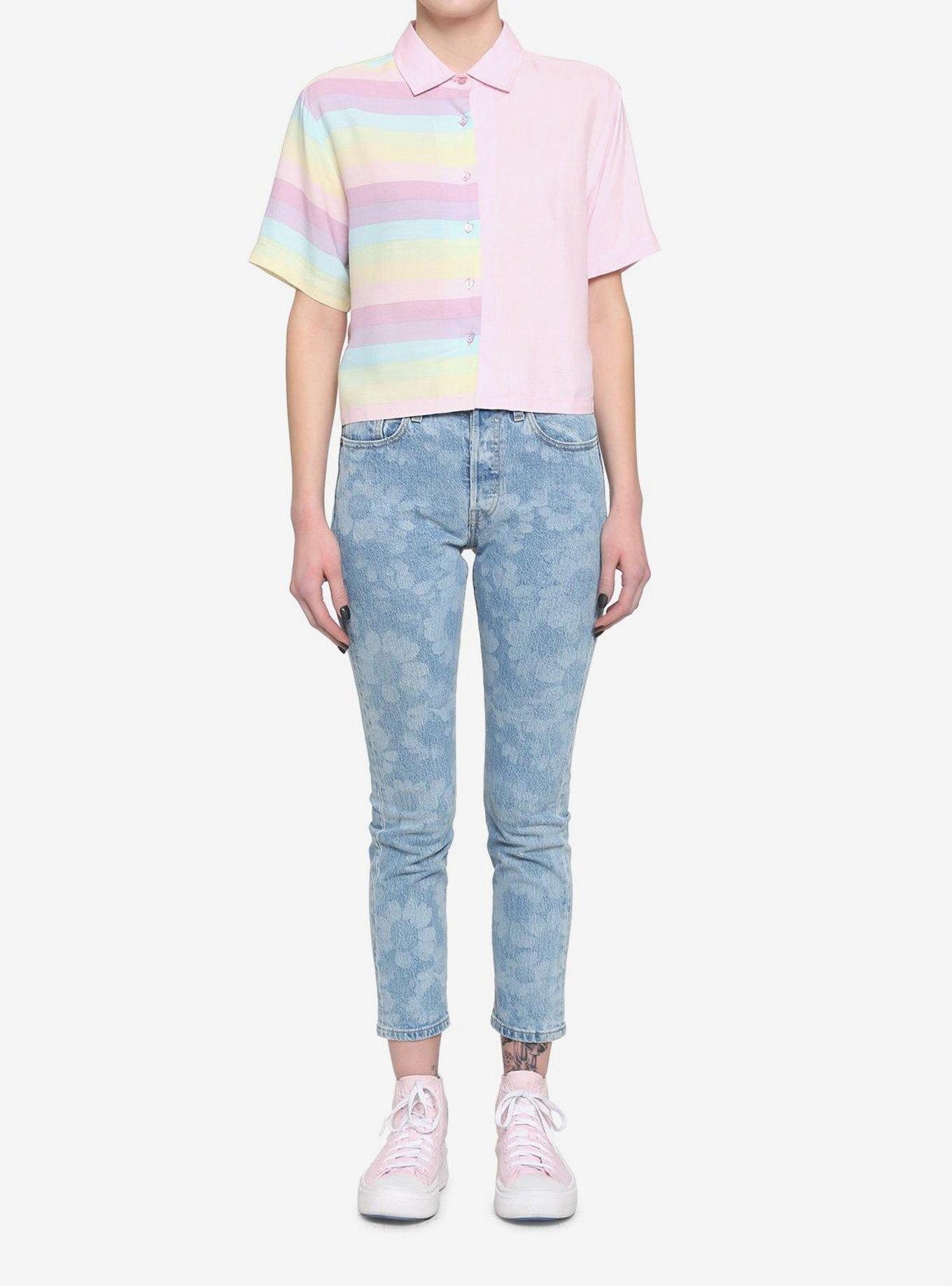Pastel Stripe Split Boxy Girls Crop Woven Button-Up, PINK, alternate - view 3