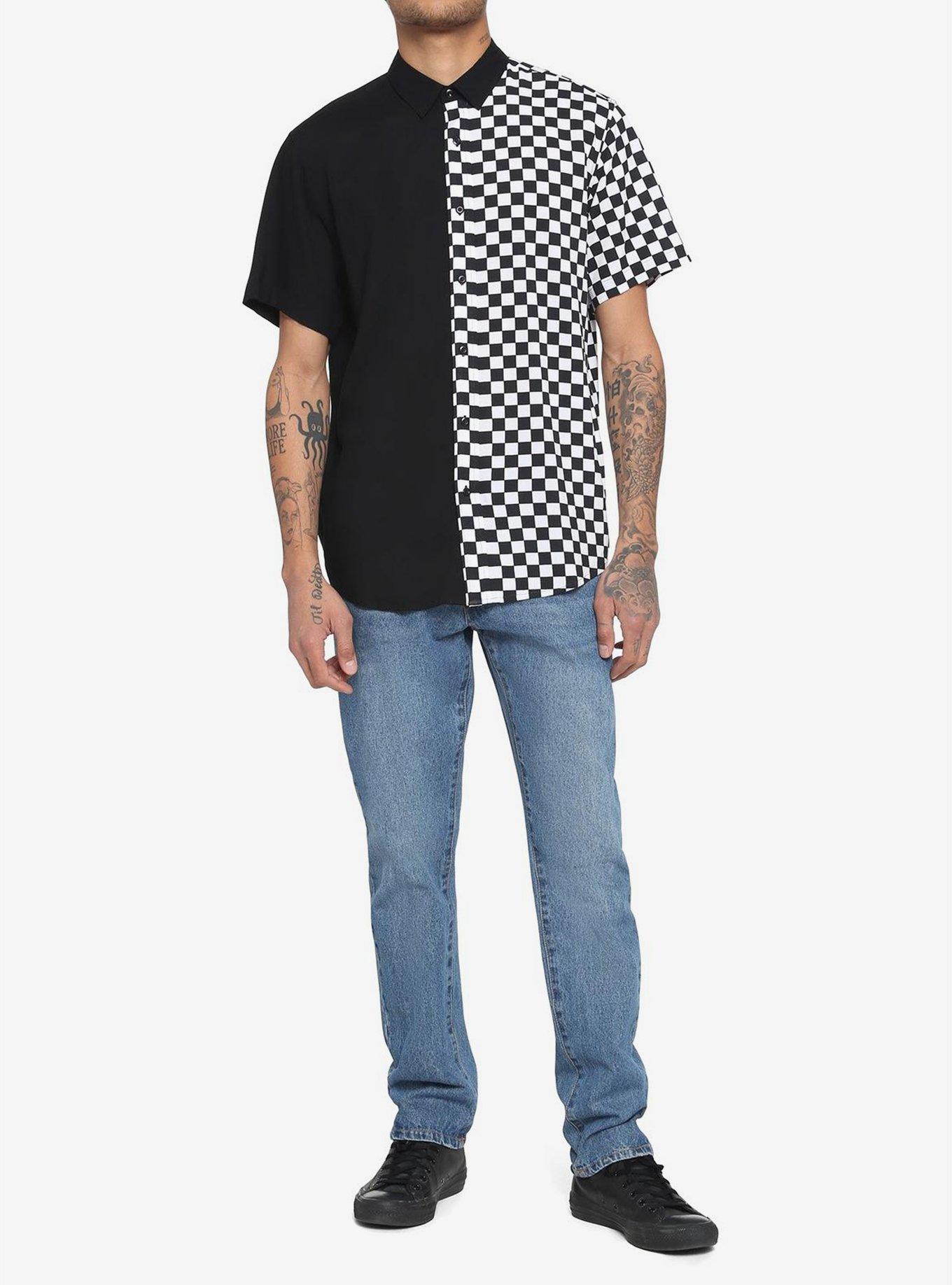 Black & White Checkered Split Woven Button-Up, BLACK  WHITE, alternate - view 3