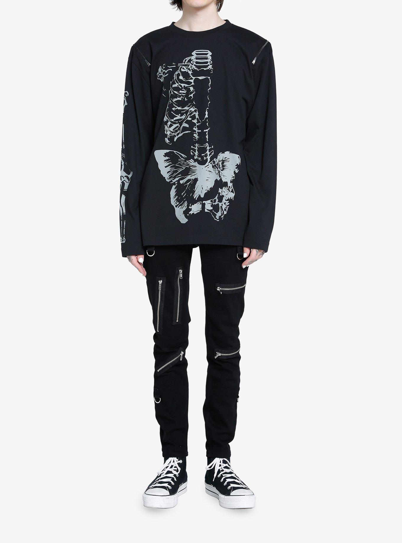 Skeleton Butterfly Zipper Cutout Long-Sleeve T-Shirt, WHITE, alternate