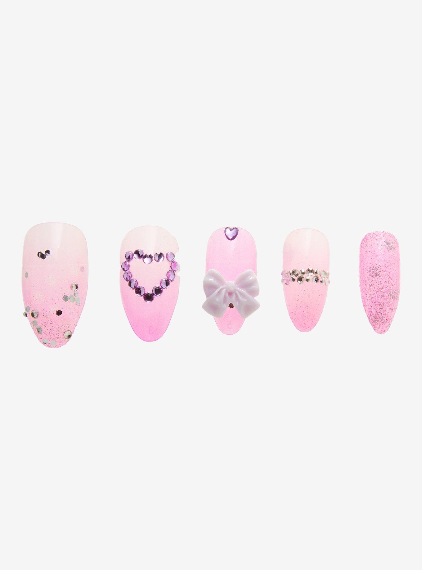 Blackheart Pink Kawaii Bow Faux Nail Set, , alternate