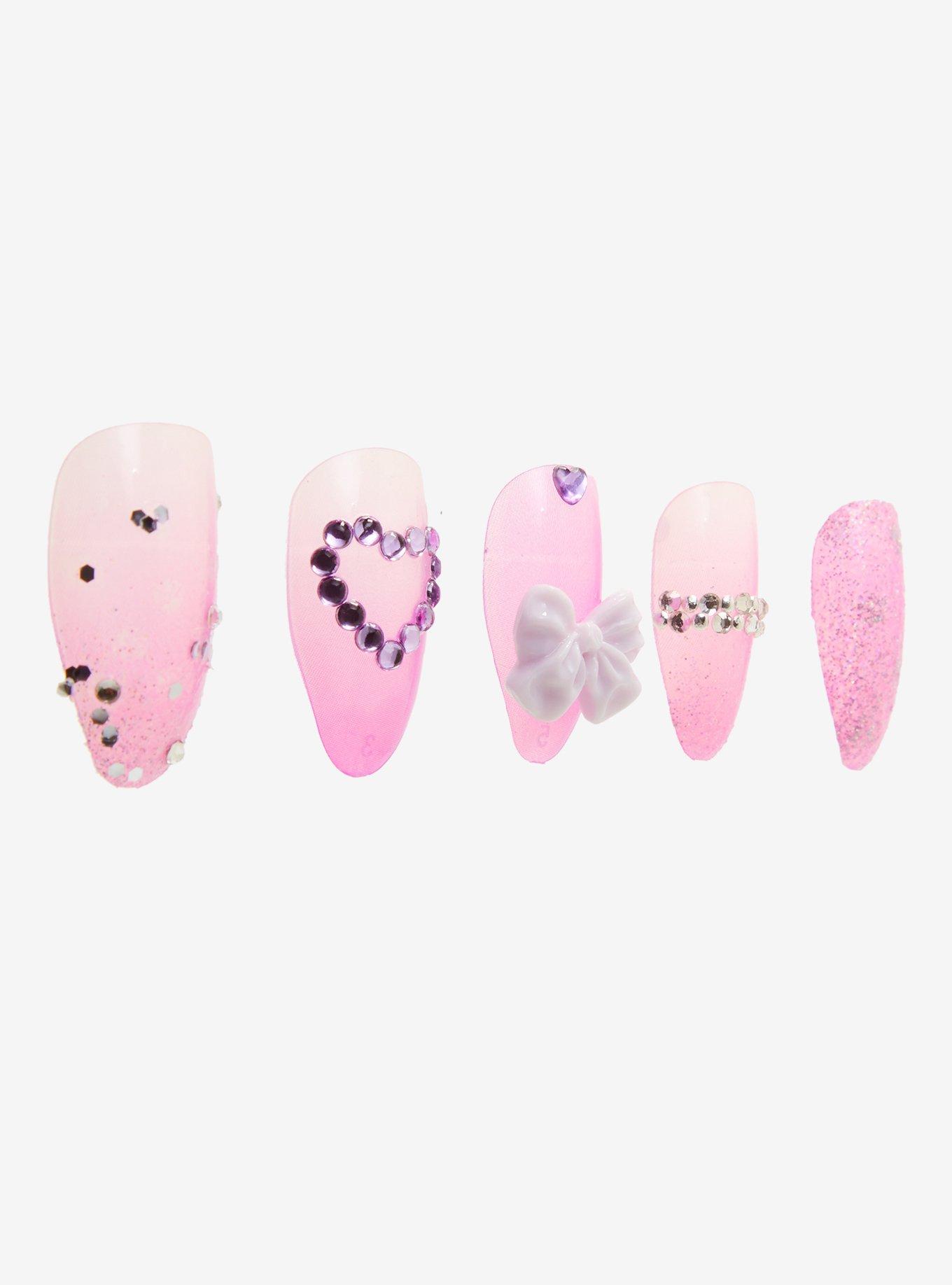 Blackheart Pink Kawaii Bow Faux Nail Set, , alternate