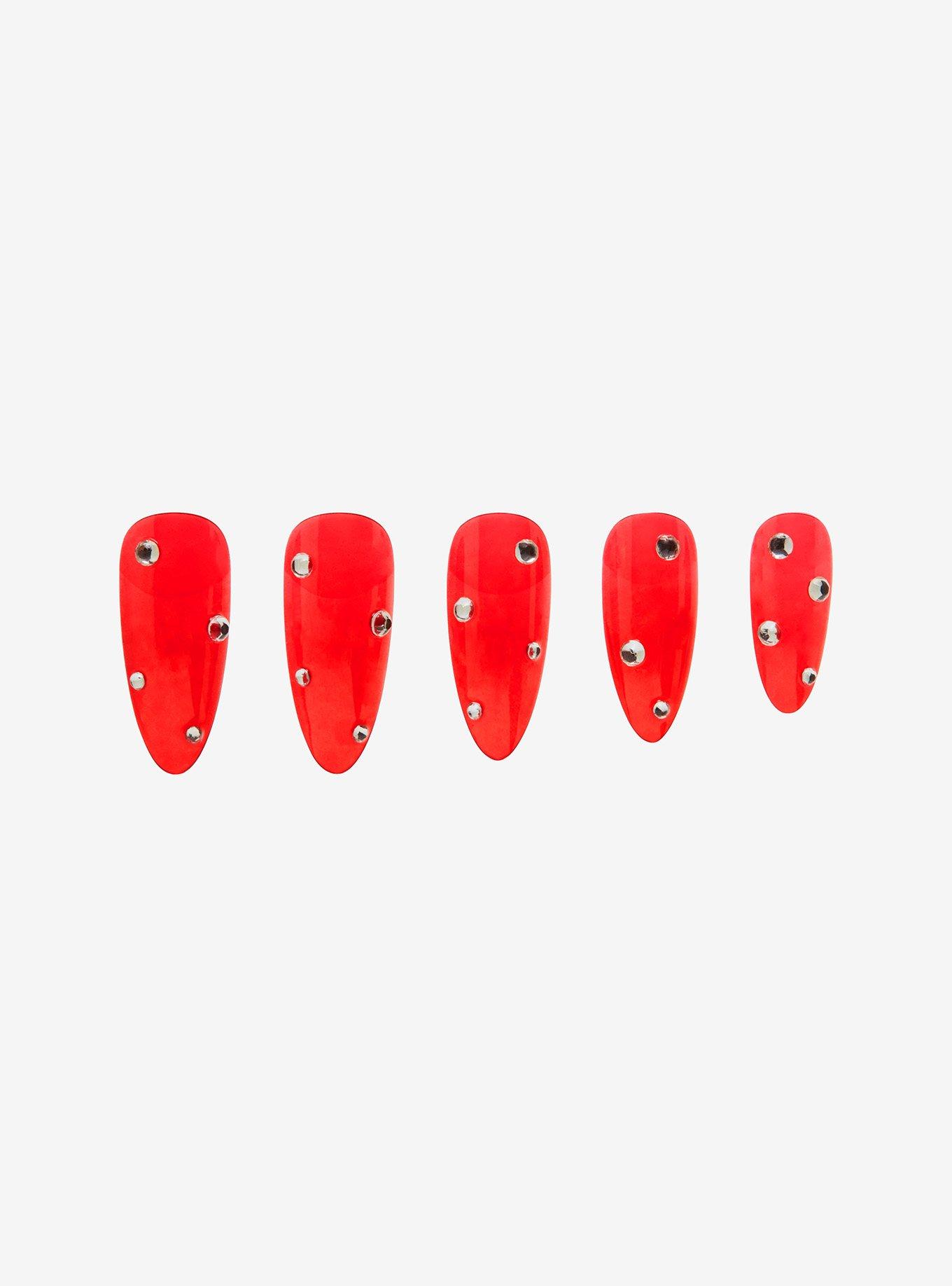 Blackheart Red Jelly Rhinestone Faux Nail Set, , alternate