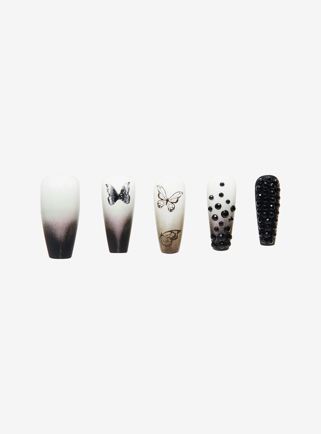 Blackheart Butterfly Rhinestone Faux Nail Set, , alternate