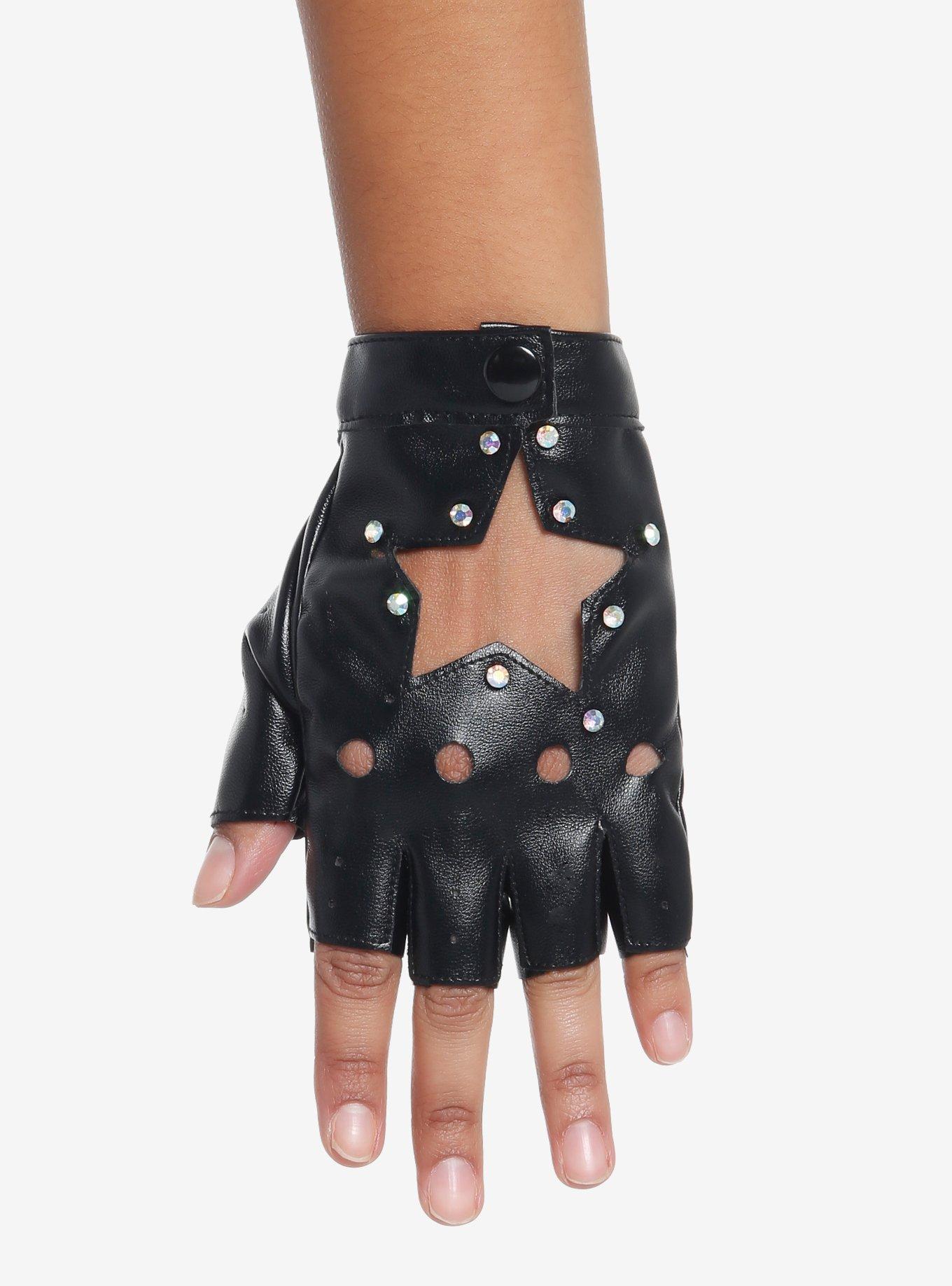 Rhinestone Star Cutout Moto Fingerless Gloves, , hi-res