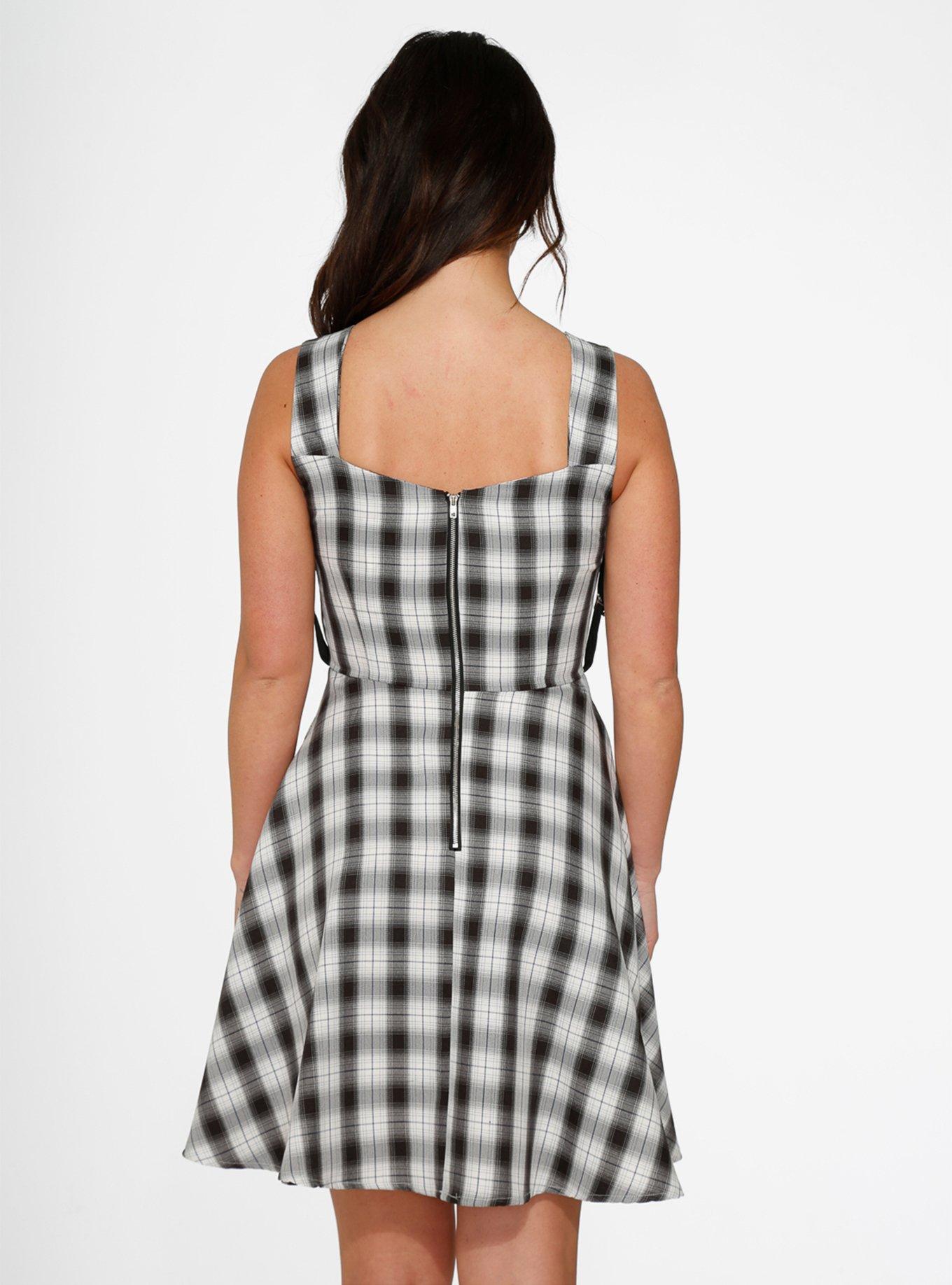 Black White Plaid Lace-Up Dress, PLAID - WHITE, alternate