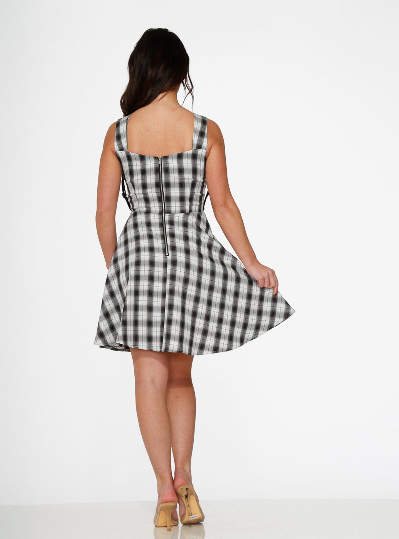 Black White Plaid Lace-Up Dress, PLAID - WHITE, alternate