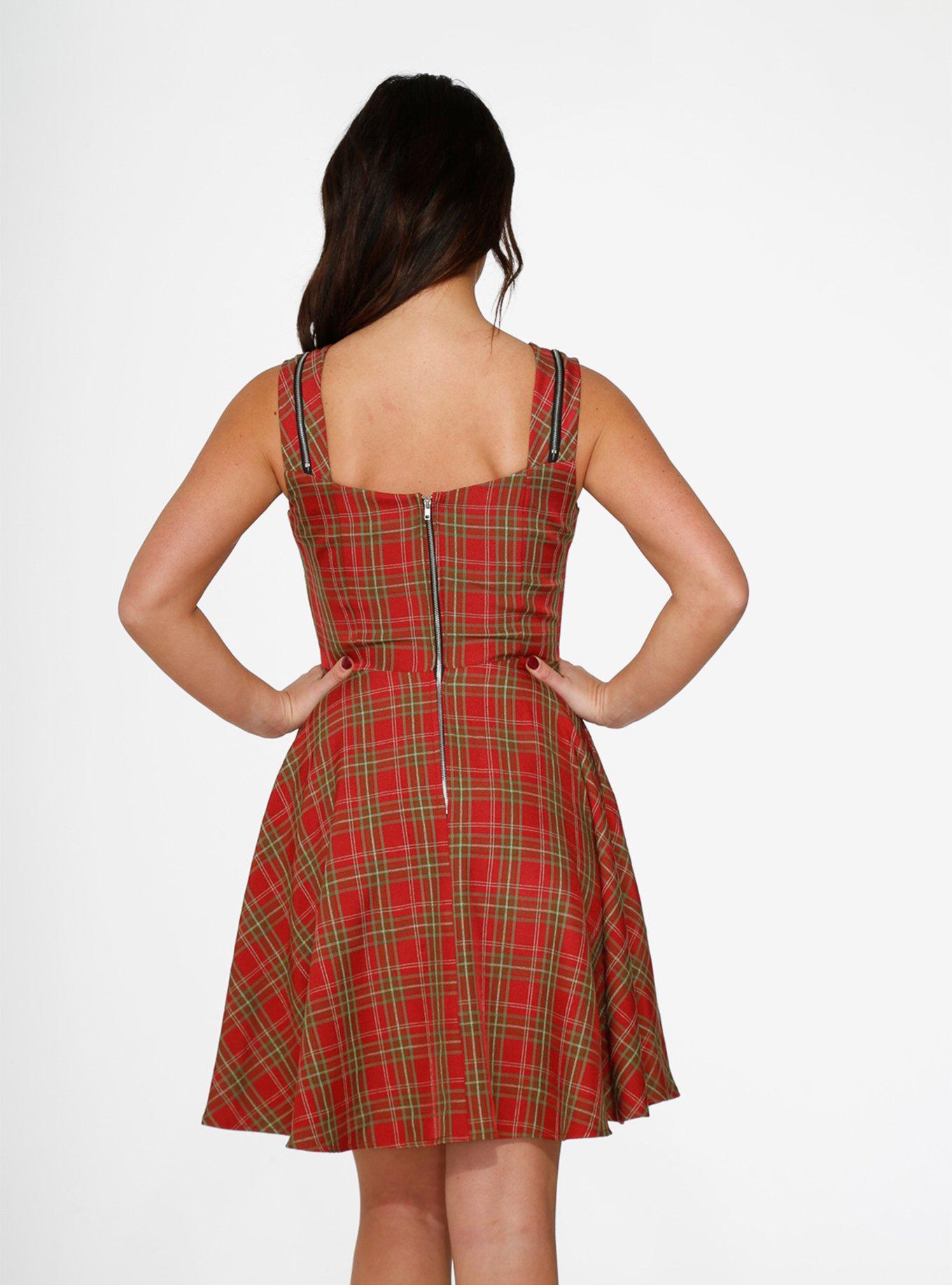 Red Plaid Swing Lace-Up Dress, PLAID - RED, alternate