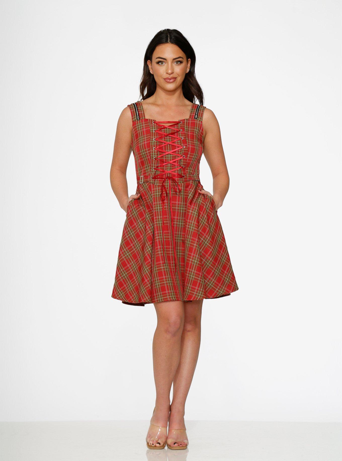 Red Plaid Swing Lace-Up Dress, PLAID - RED, alternate