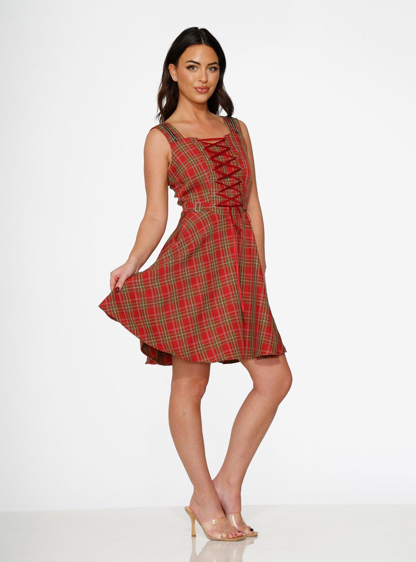Red Plaid Swing Lace-Up Dress