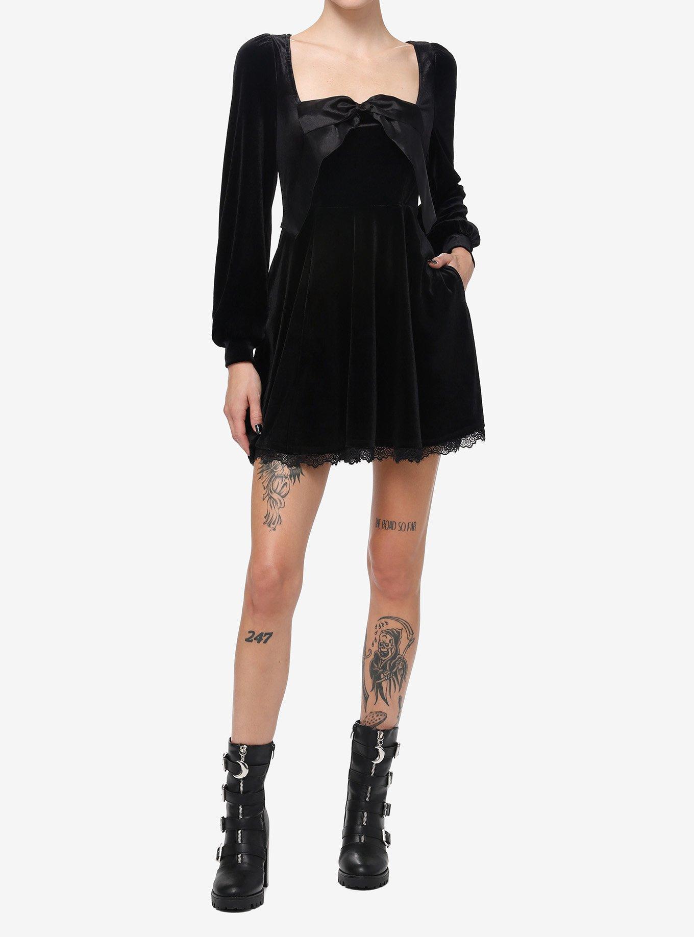 Cosmic Aura Velvet Bow Long-Sleeve Dress, BLACK, alternate