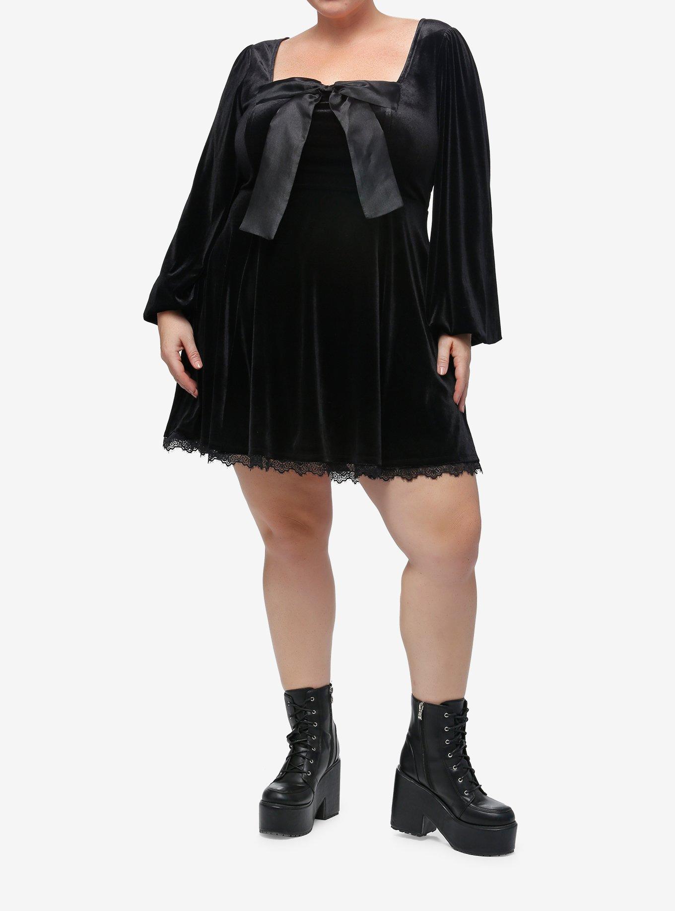 Cosmic Aura Velvet Bow Long-Sleeve Dress Plus Size, BLACK, alternate