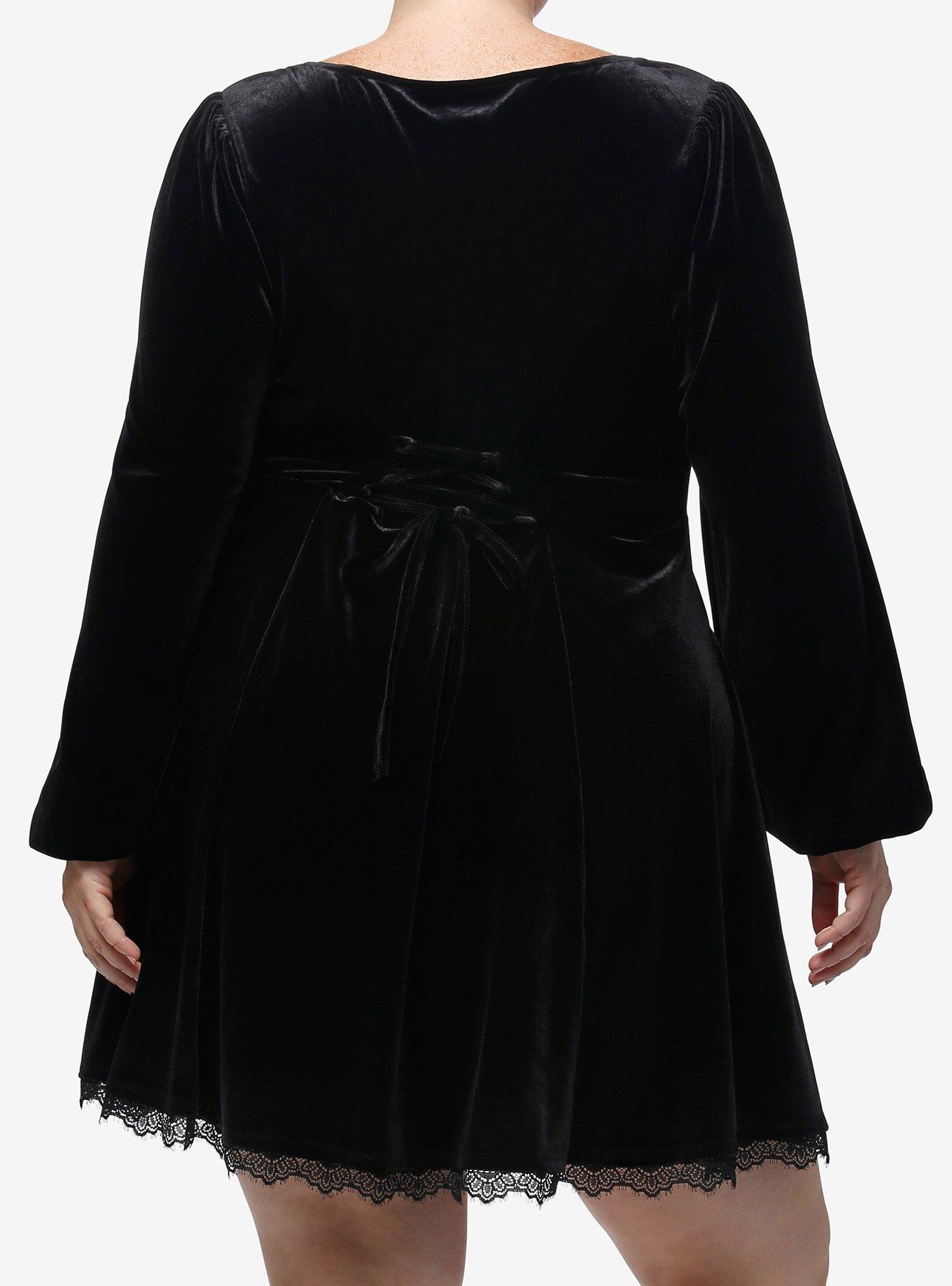 Cosmic Aura Velvet Bow Long-Sleeve Dress Plus Size, BLACK, alternate