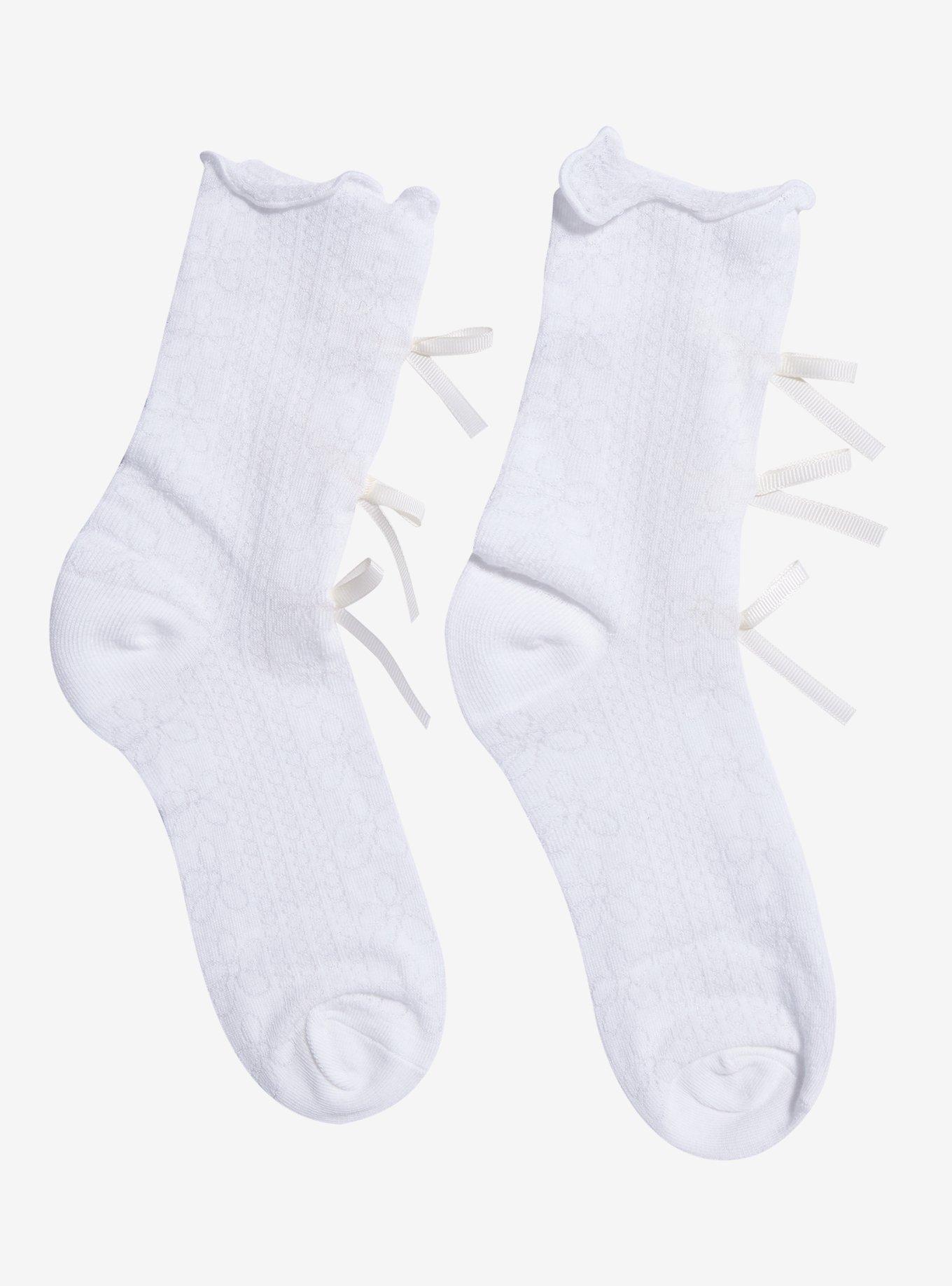 Cream Ribbon Crew Socks, , alternate