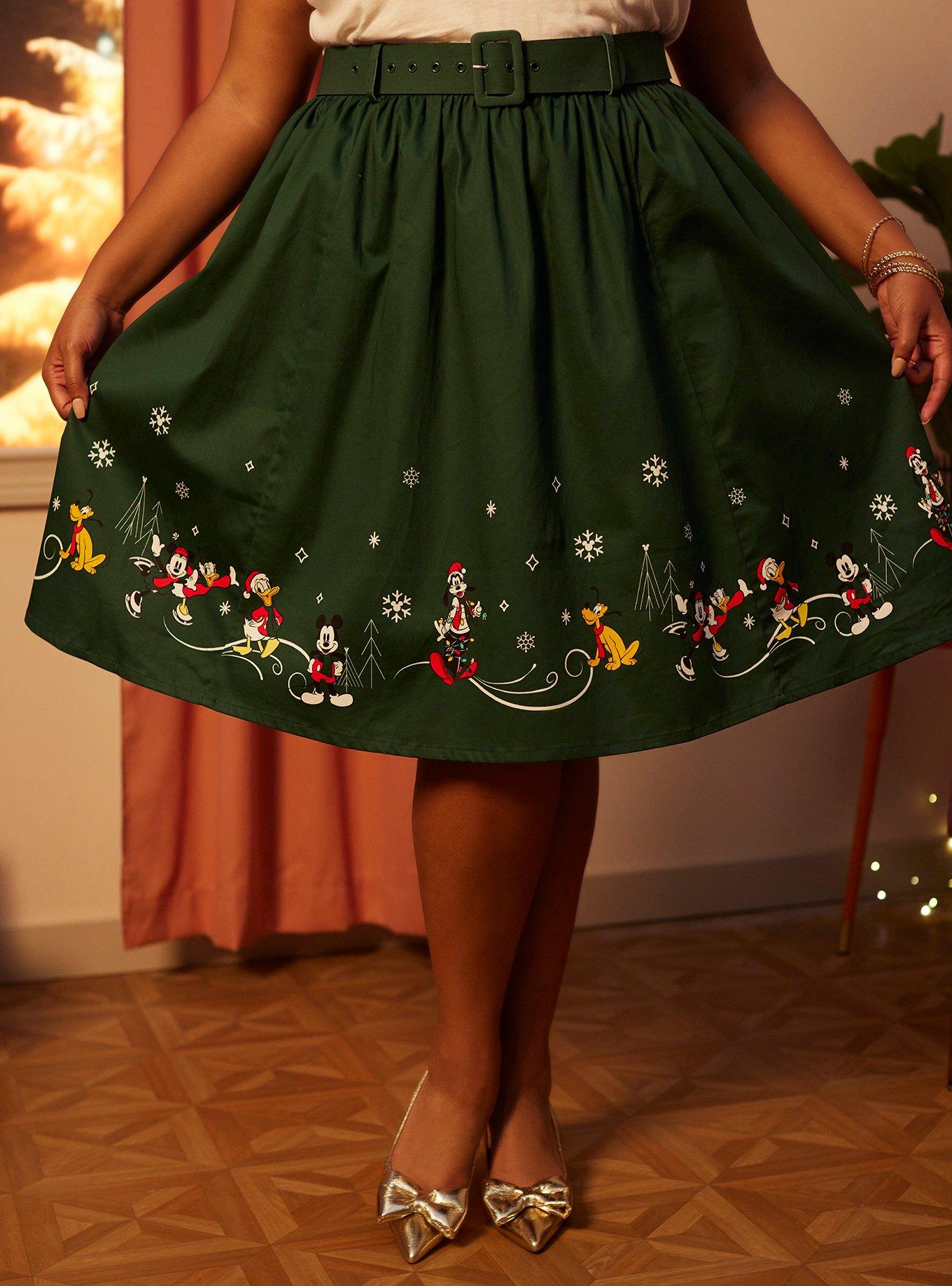 Disney Mickey Mouse And Friends Holiday Retro Skirt Plus Size Her Universe Exclusive, FOREST GREEN, alternate