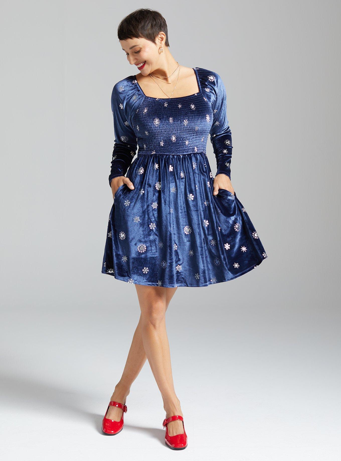 Disney Mickey Mouse Snowflake Allover Print Long Sleeve Smock Dress, NAVY, alternate