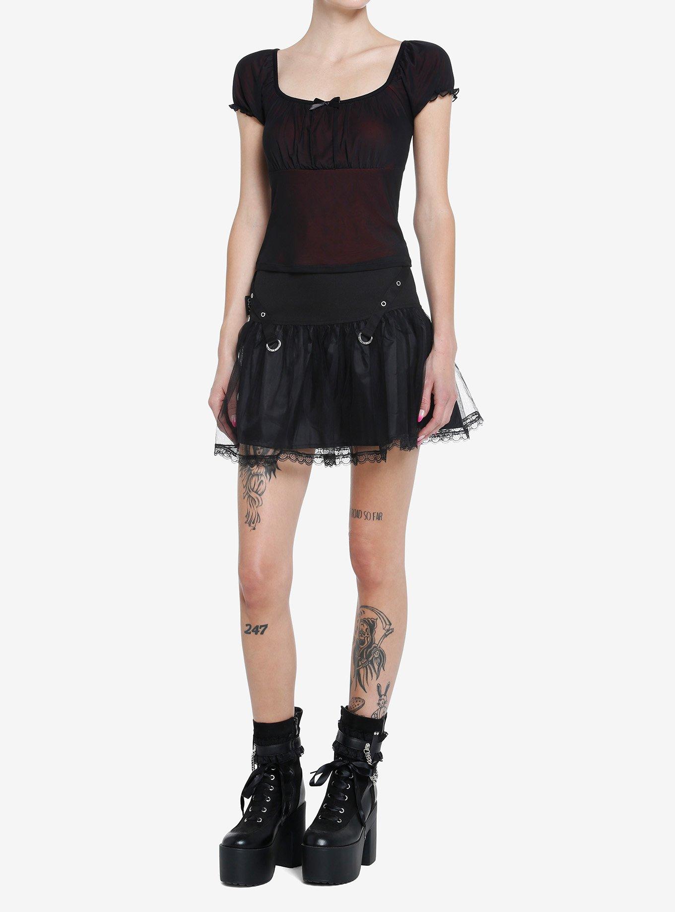 Social Collision Red & Black Mesh Girls Babydoll Top, RED, alternate