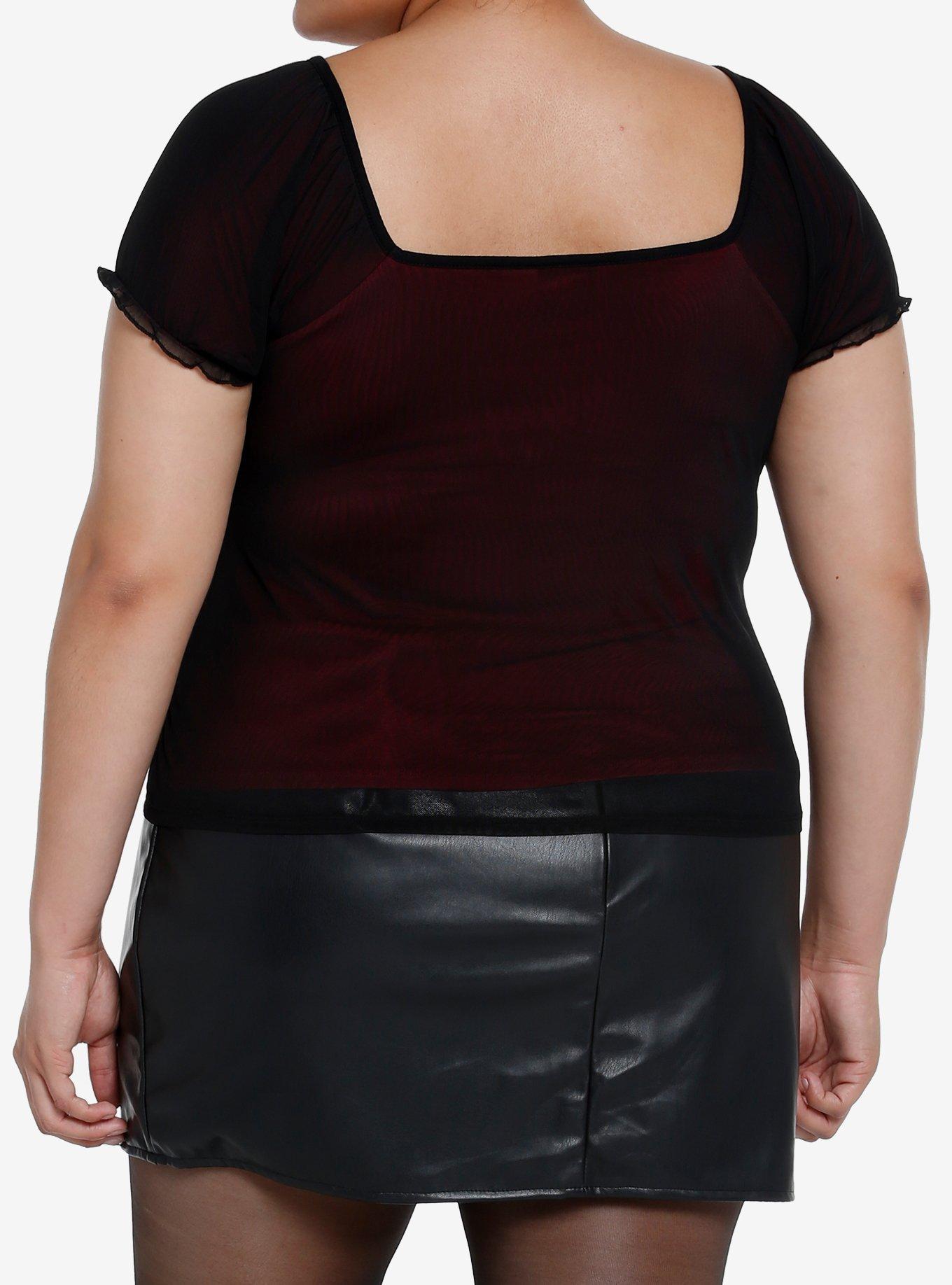 Social Collision Red & Black Mesh Girls Babydoll Top Plus Size, RED, alternate