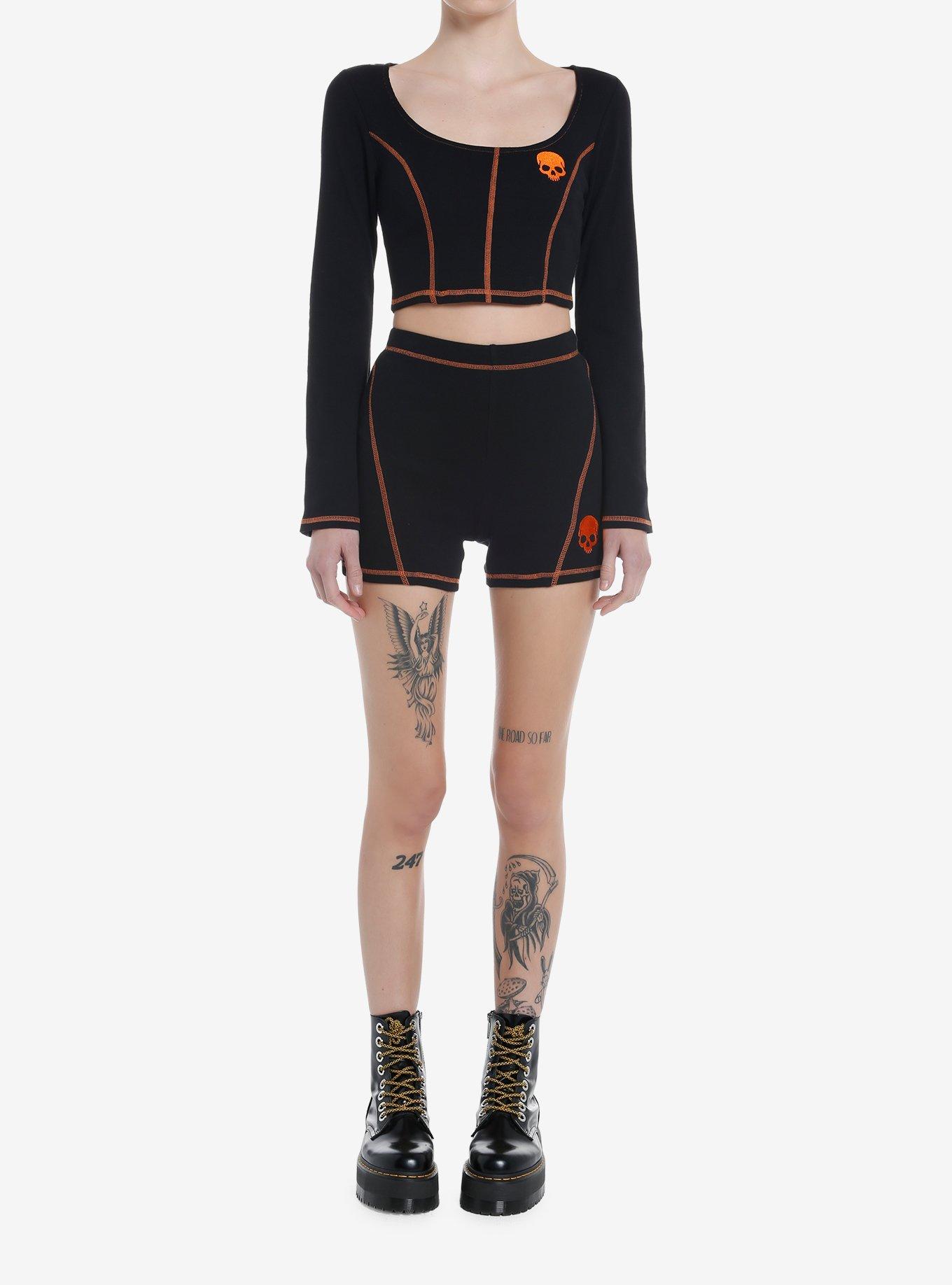 Social Collision Black & Orange Stitch Skull Girls Bike Shorts, BLACK, alternate