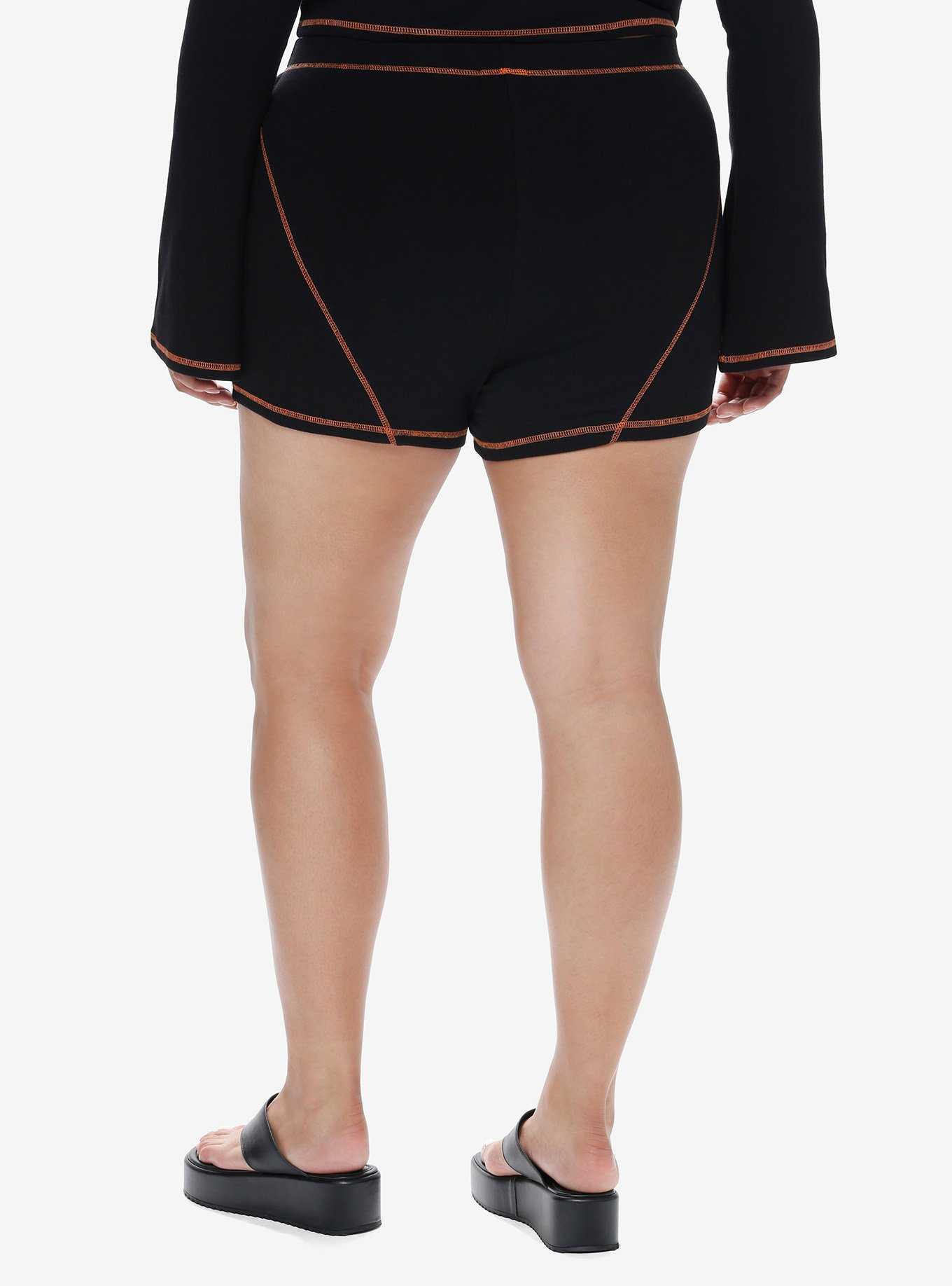 Social Collision Black & Orange Stitch Skull Girls Bike Shorts Plus Size, , hi-res