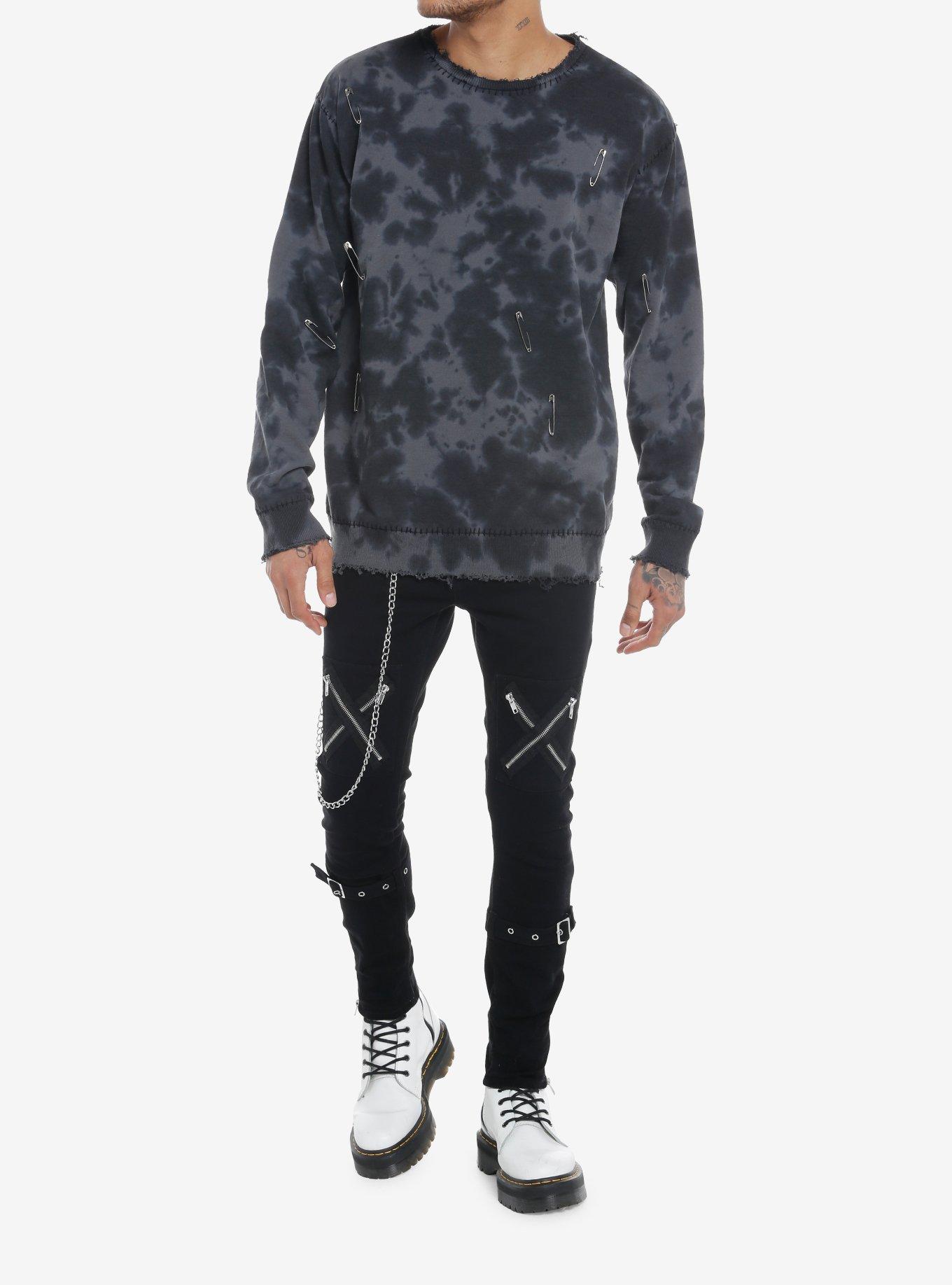 Safety Pin Distressed Grey Tie-Dye Sweatshirt, RED, alternate