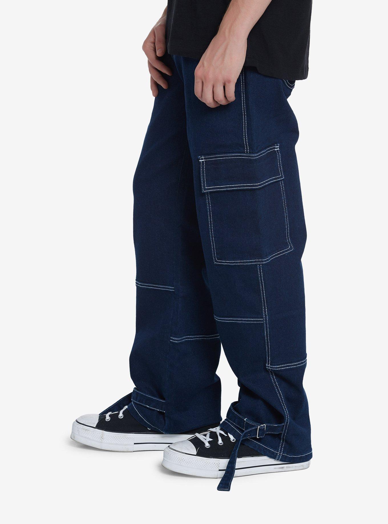 Dark Indigo Cargo Buckle Denim Pants, BLUE, alternate
