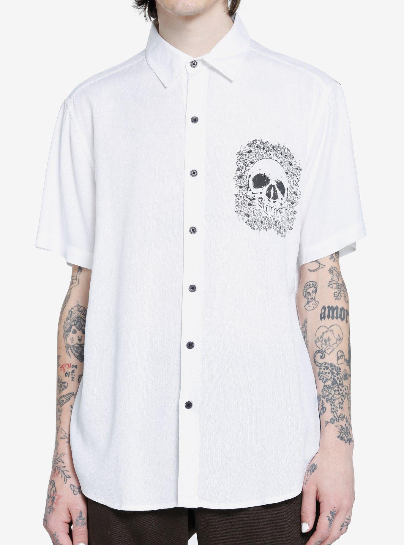 Floral Skulls Woven Button-Up, WHITE, alternate