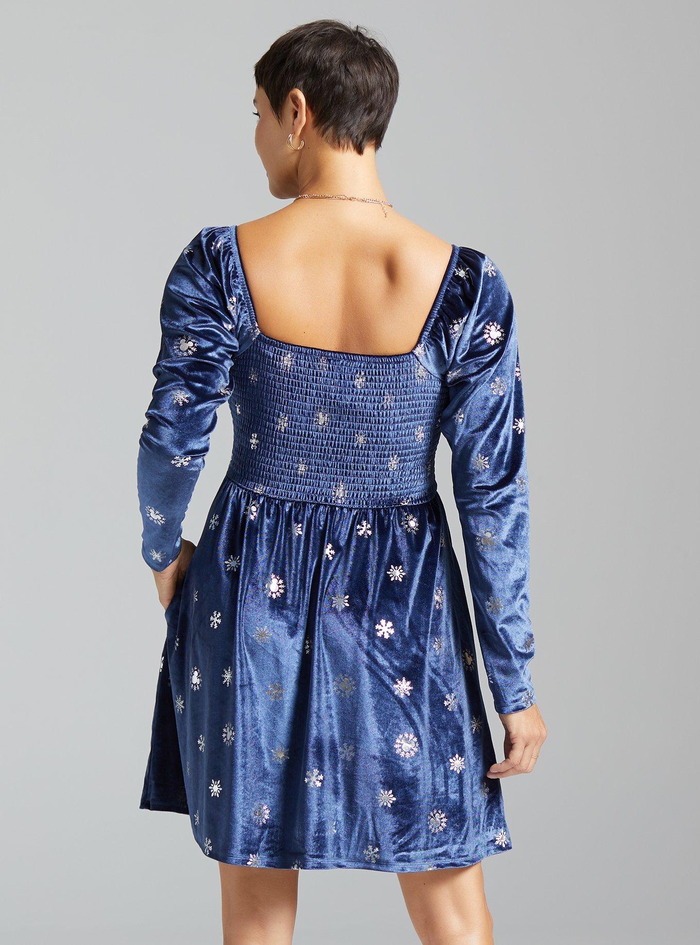 Disney Mickey Mouse Snowflake Allover Print Long Sleeve Smock Dress - BoxLunch Exclusive, NAVY, alternate