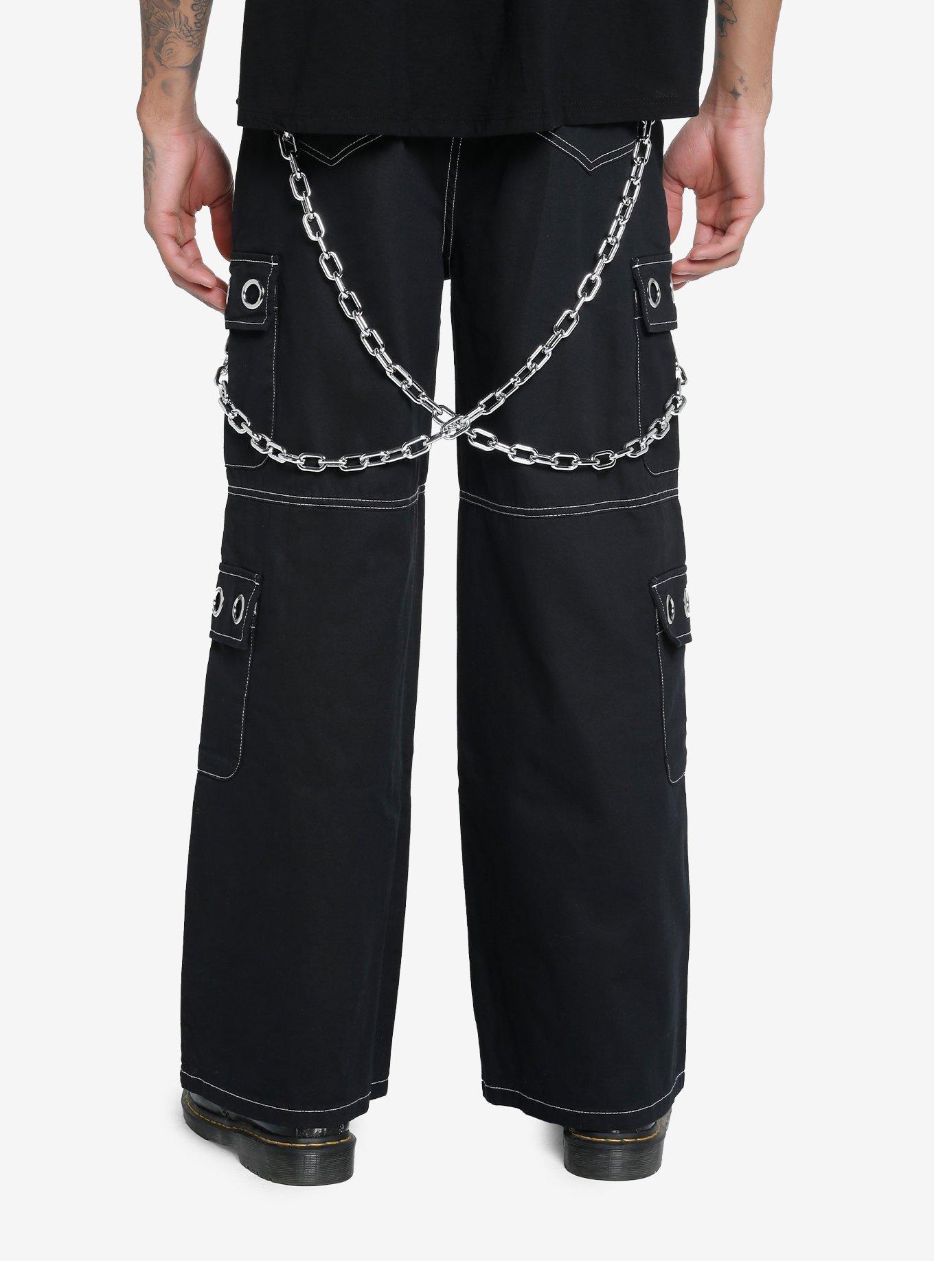 Black Chains & Studs Wide Leg Cargo Pants, BLACK, alternate