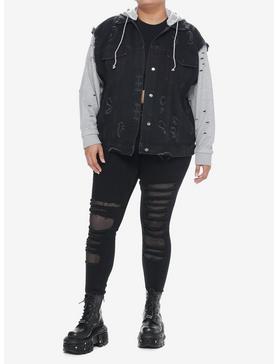 Black & Grey Twofer Girls Hoodie Vest Plus Size, , hi-res