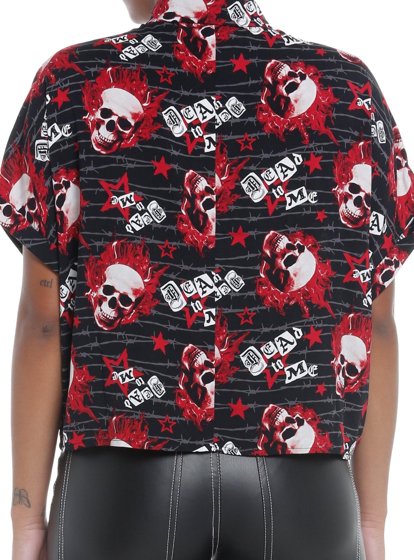 Social Collision Flaming Skulls Allover Print Girls Woven Button-Up, RED, alternate