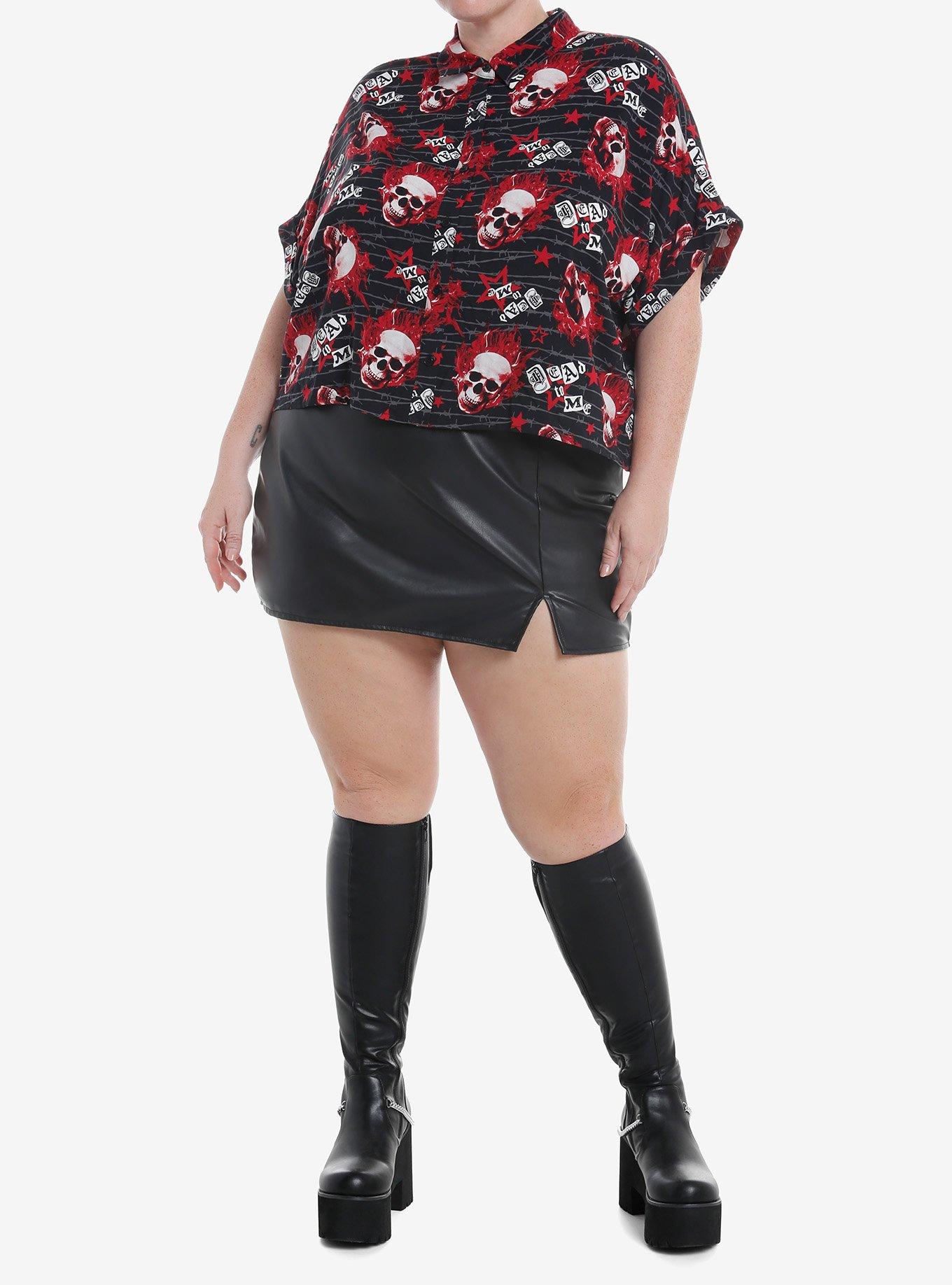 Social Collision Flaming Skulls Allover Print Girls Woven Button-Up Plus Size, RED, alternate