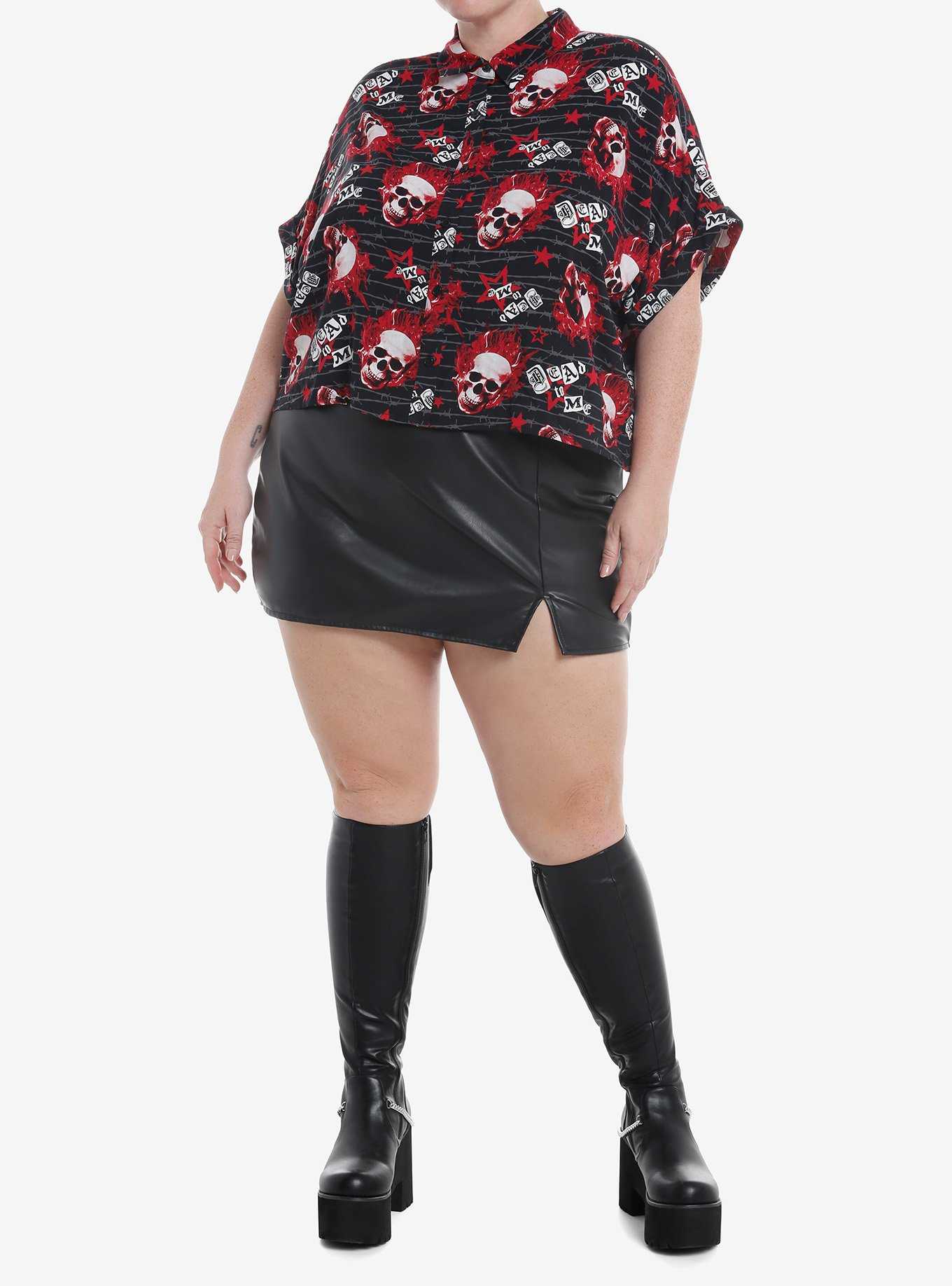 Social Collision Flaming Skulls Allover Print Girls Woven Button-Up Plus Size, , hi-res