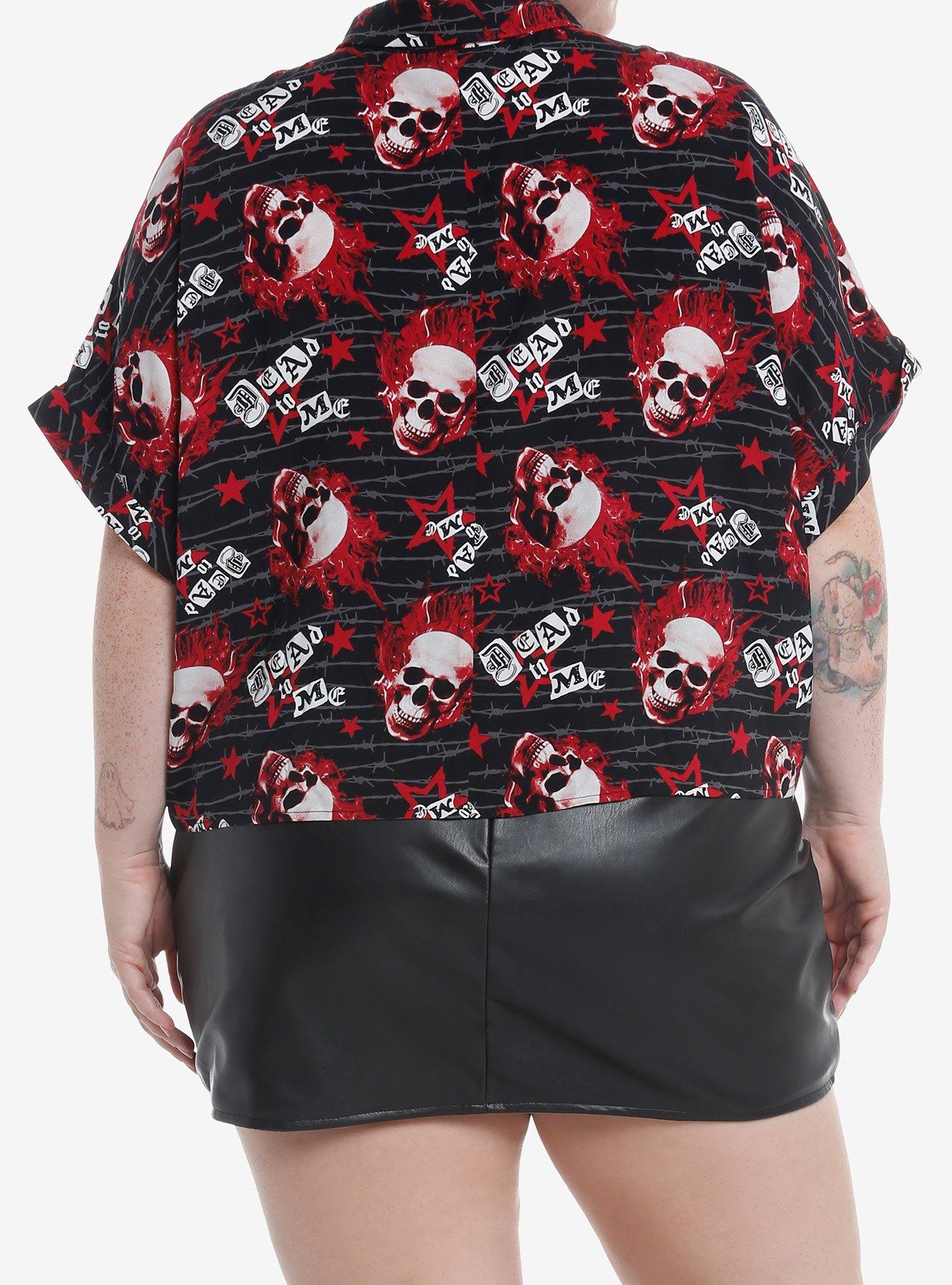 Social Collision Flaming Skulls Allover Print Girls Woven Button-Up Plus Size, RED, alternate