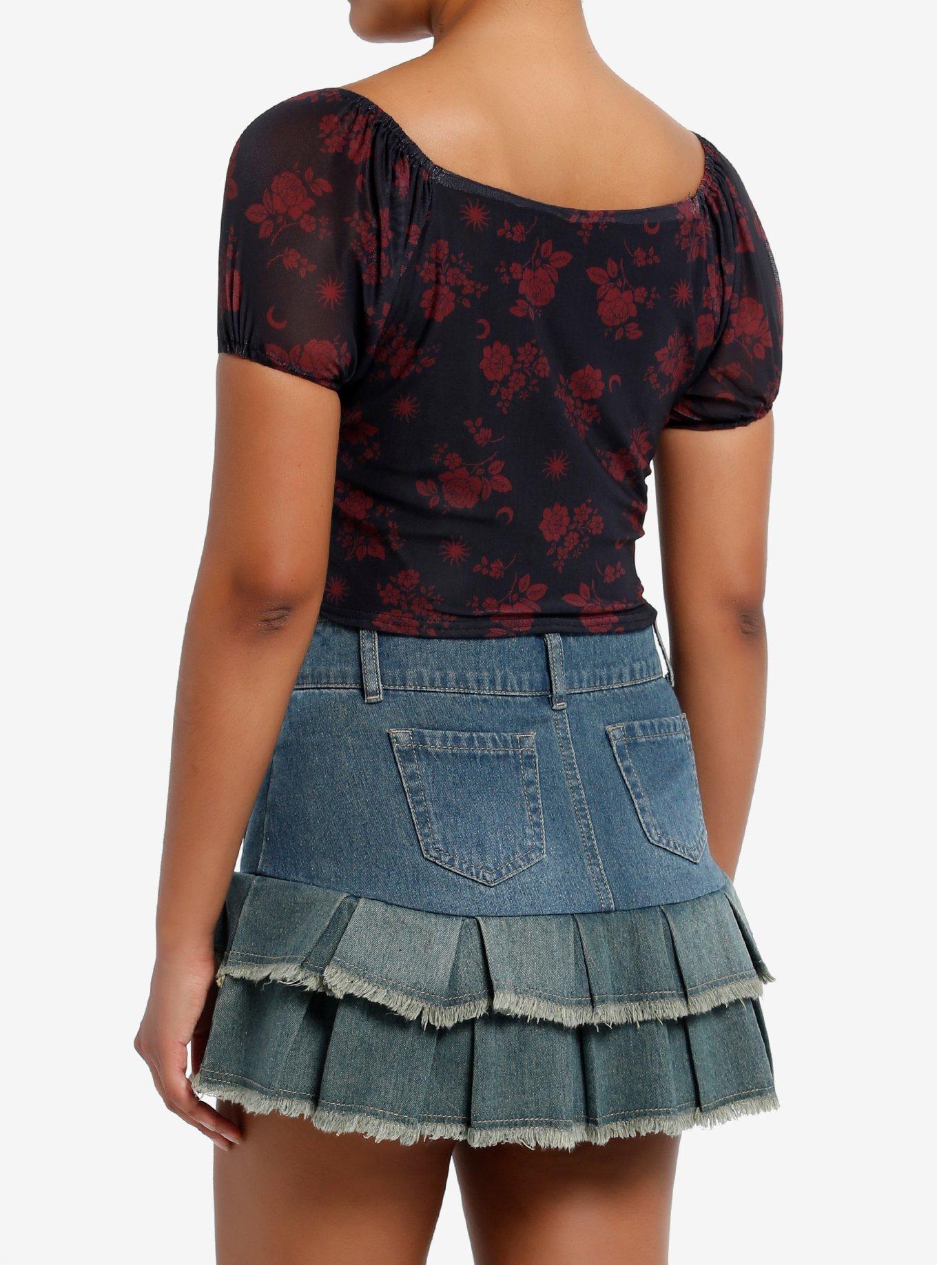 Daisy Street Black & Red Rose Mesh Girls Crop Babydoll Top, RED, alternate