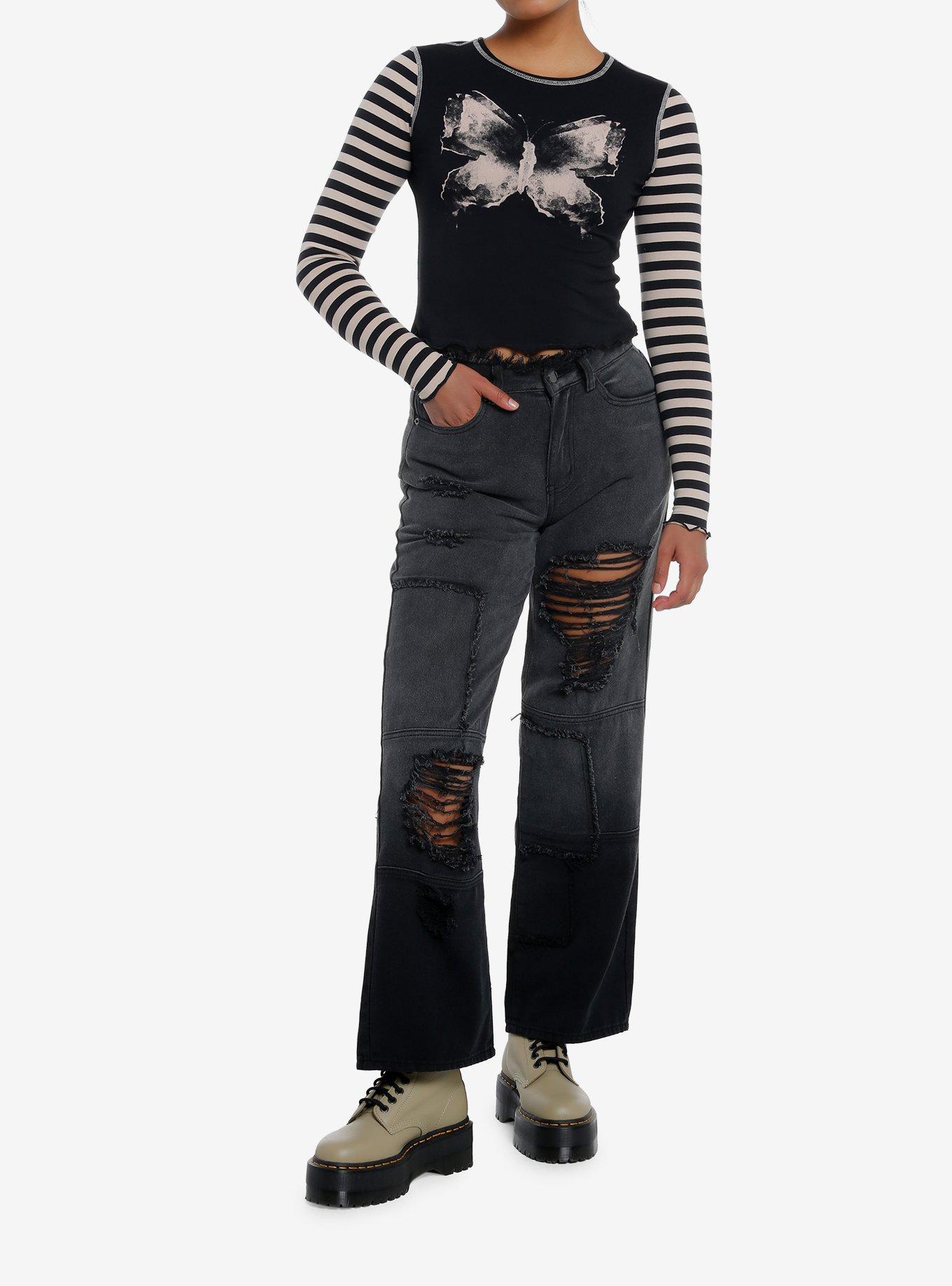 Social Collision Black & Beige Butterfly Stripe Girls Long-Sleeve Top