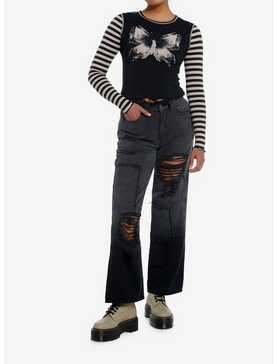 Social Collision Black & Beige Butterfly Stripe Girls Long-Sleeve Top, , hi-res