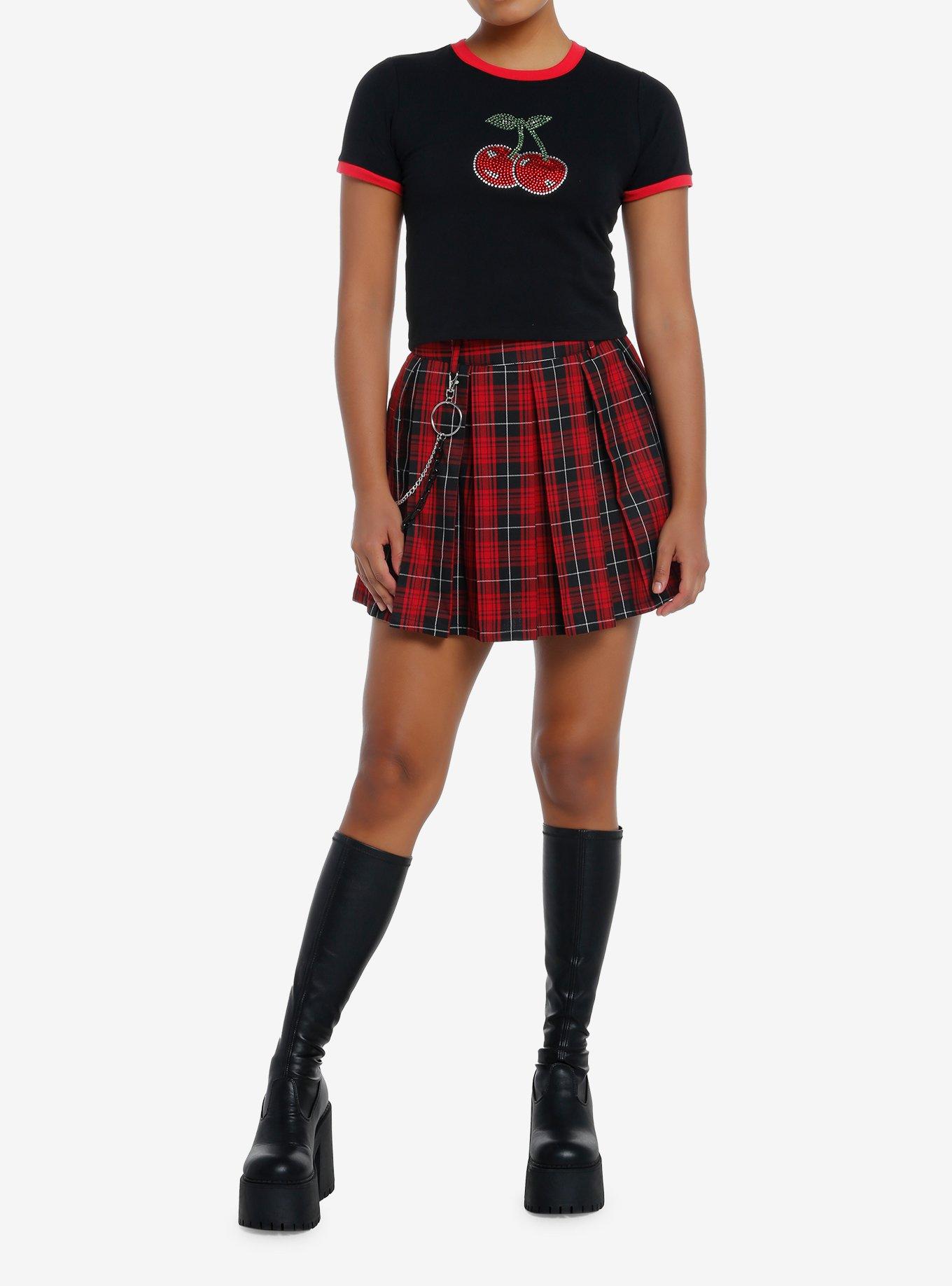 Social Collision Rhinestone Cherries Girls Crop Ringer T-Shirt, RED, alternate