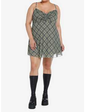 Social Collision Green Plaid Mesh Mini Dress Plus Size, , hi-res
