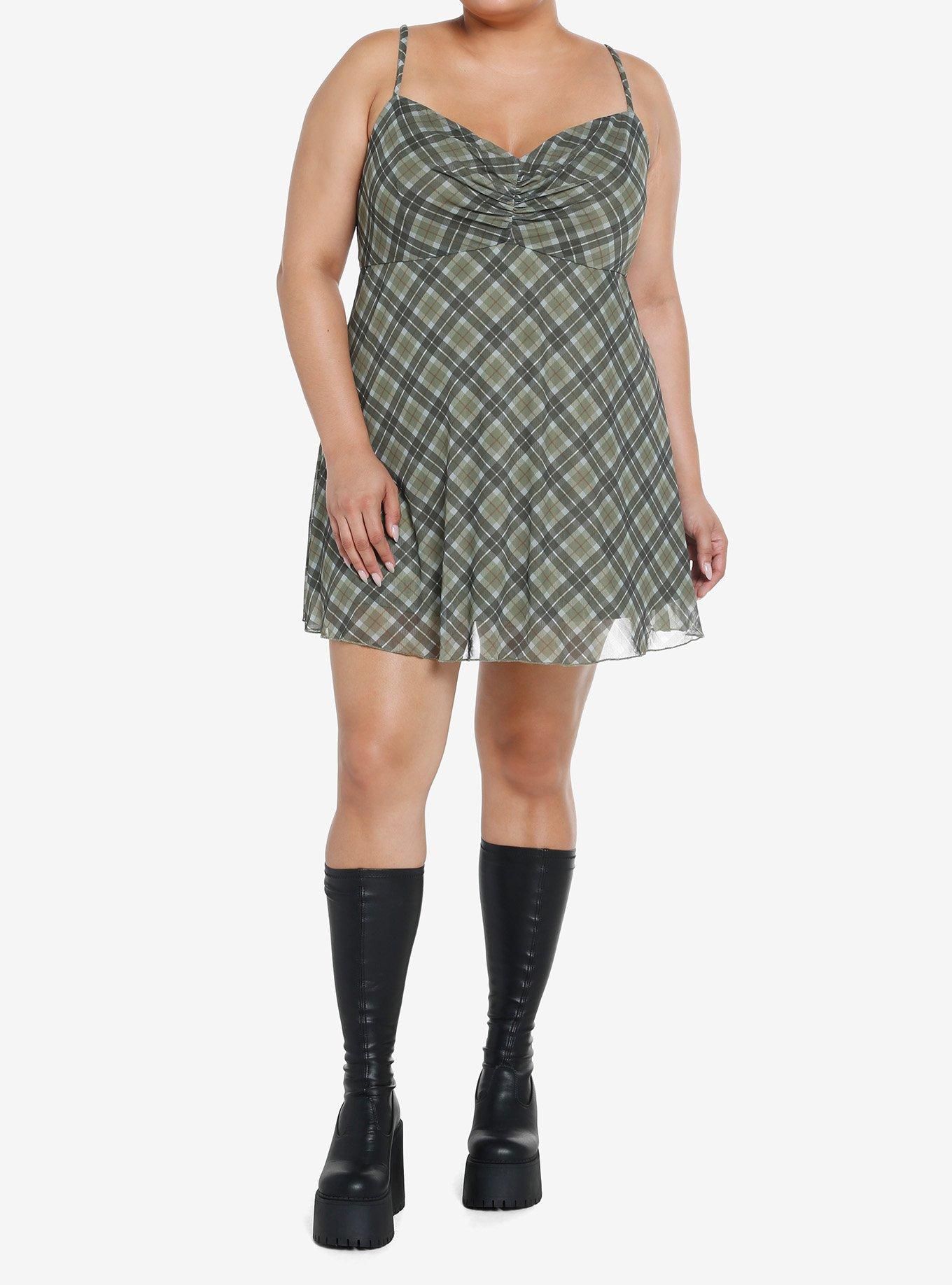 Social Collision Green Plaid Mesh Mini Dress Plus Size, , hi-res