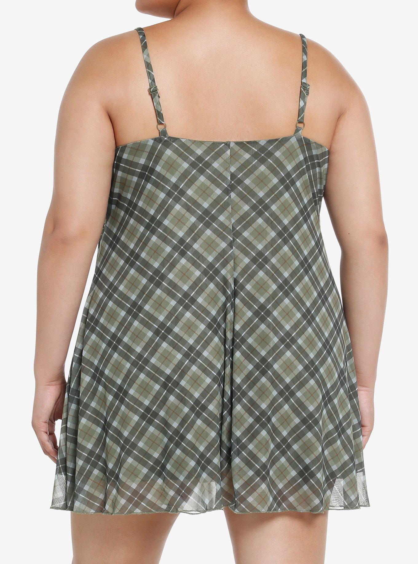 Social Collision Green Plaid Mesh Mini Dress Plus Size, BLACK, alternate
